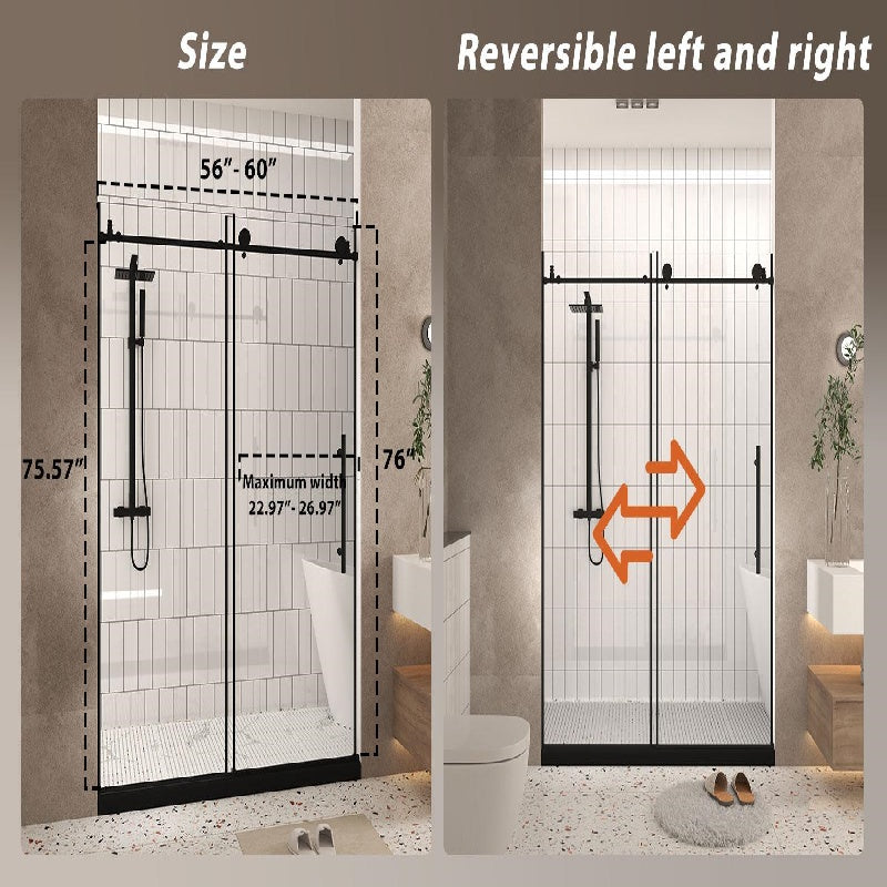 Frameless Sliding Shower Door with Explosion-Proof Film and Smooth Stainless Steel Rollers, Panel for Bathroom, 60" L x 0.5" W x 76" H, Matte Black