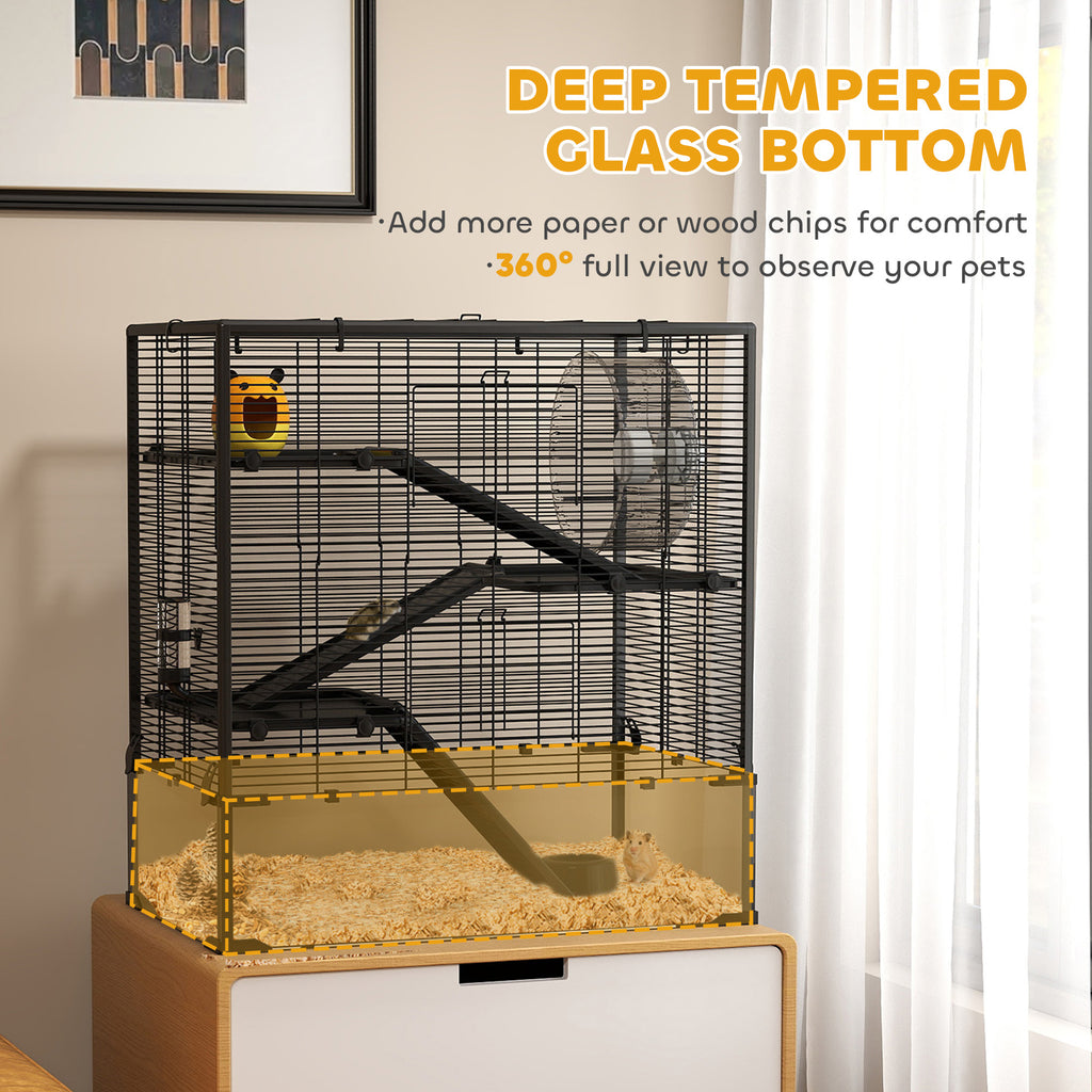 4 Tier Hamster Cage with Deep Tempered Glass Bottom, Running Wheel, Hut, Water Bottle, Food Dish, 31" x 19" x 31.5"