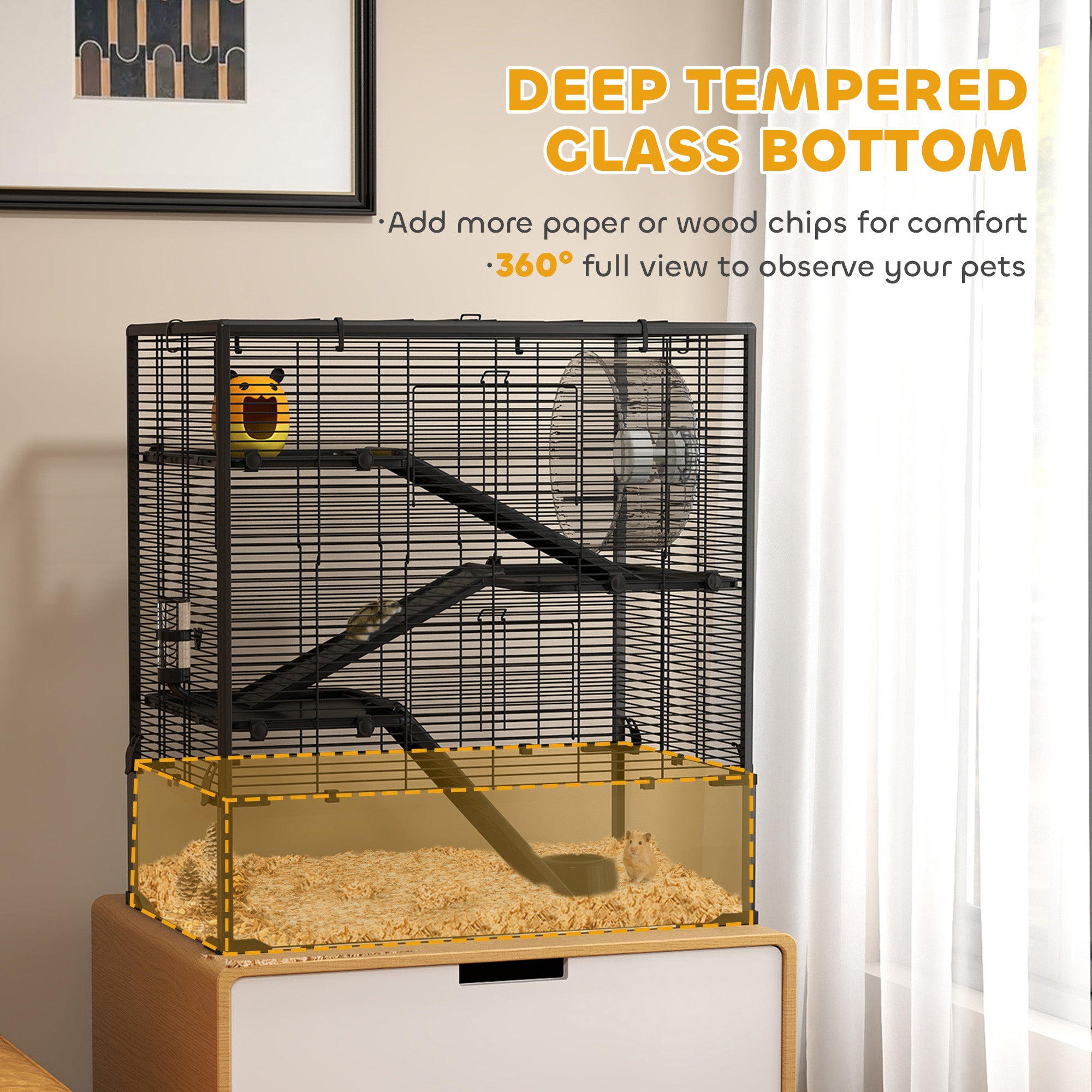 4 Tier Hamster Cage with Deep Tempered Glass Bottom, Running Wheel, Hut, Water Bottle, Food Dish, 31" x 19" x 31.5"