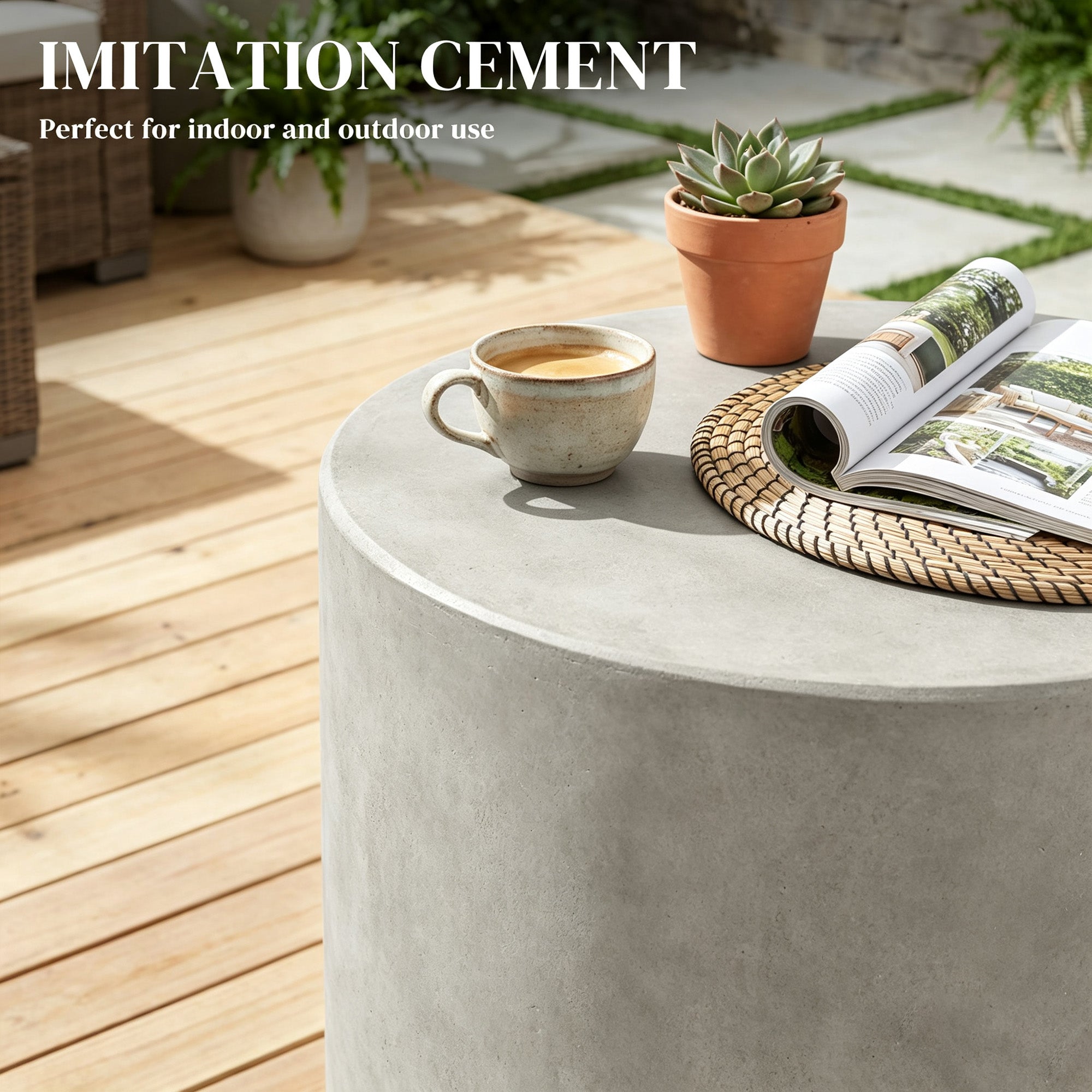Lightweight Accent Table with Concrete Finish, Round Side Table with 4 Adjustable Feet for Indoor, Outdoor, Gray