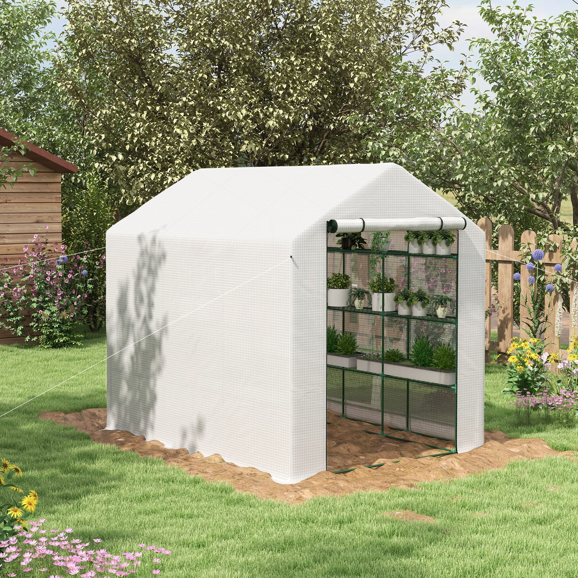 Outdoor Walk-in Greenhouse with Roll-up Zipper Door, 18 Shelves, PE Cover, 95.25" x 70.75" x 82.75", White
