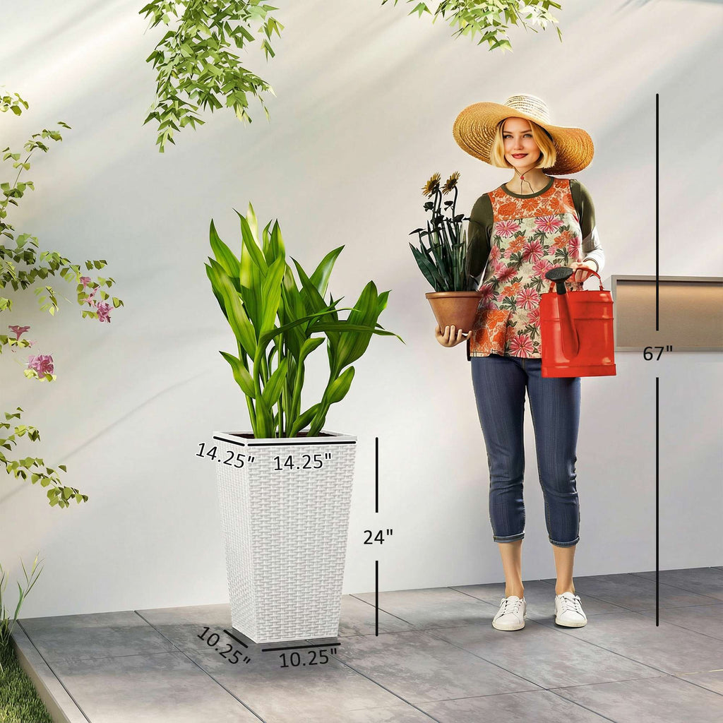 Tall Planters for Outdoor Plants Set of 3, 24 In Taper Planters with Drainage Holes, Rattan Decor Plant Pots, White