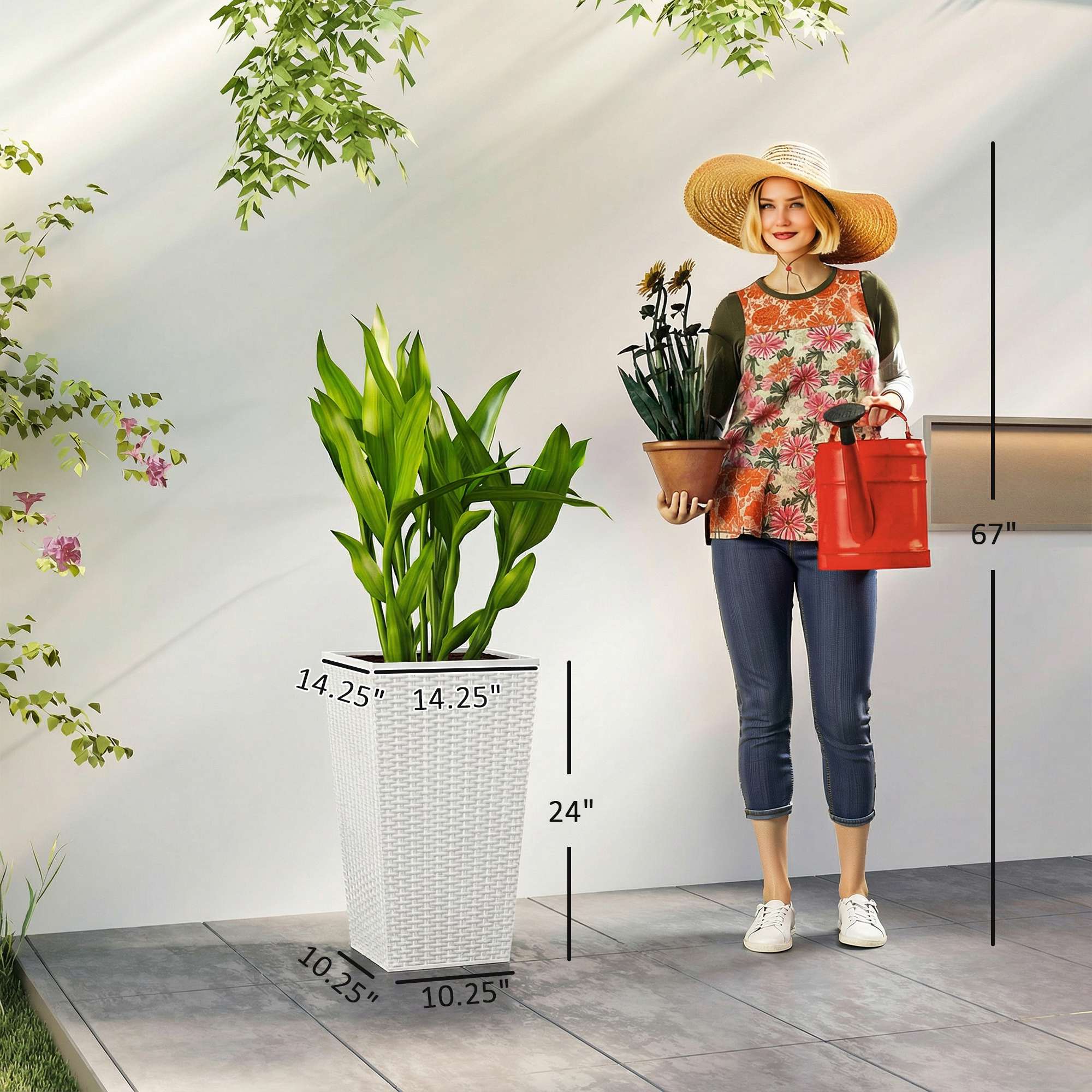 Tall Planters for Outdoor Plants Set of 3, 24 In Taper Planters with Drainage Holes, Rattan Decor Plant Pots, White