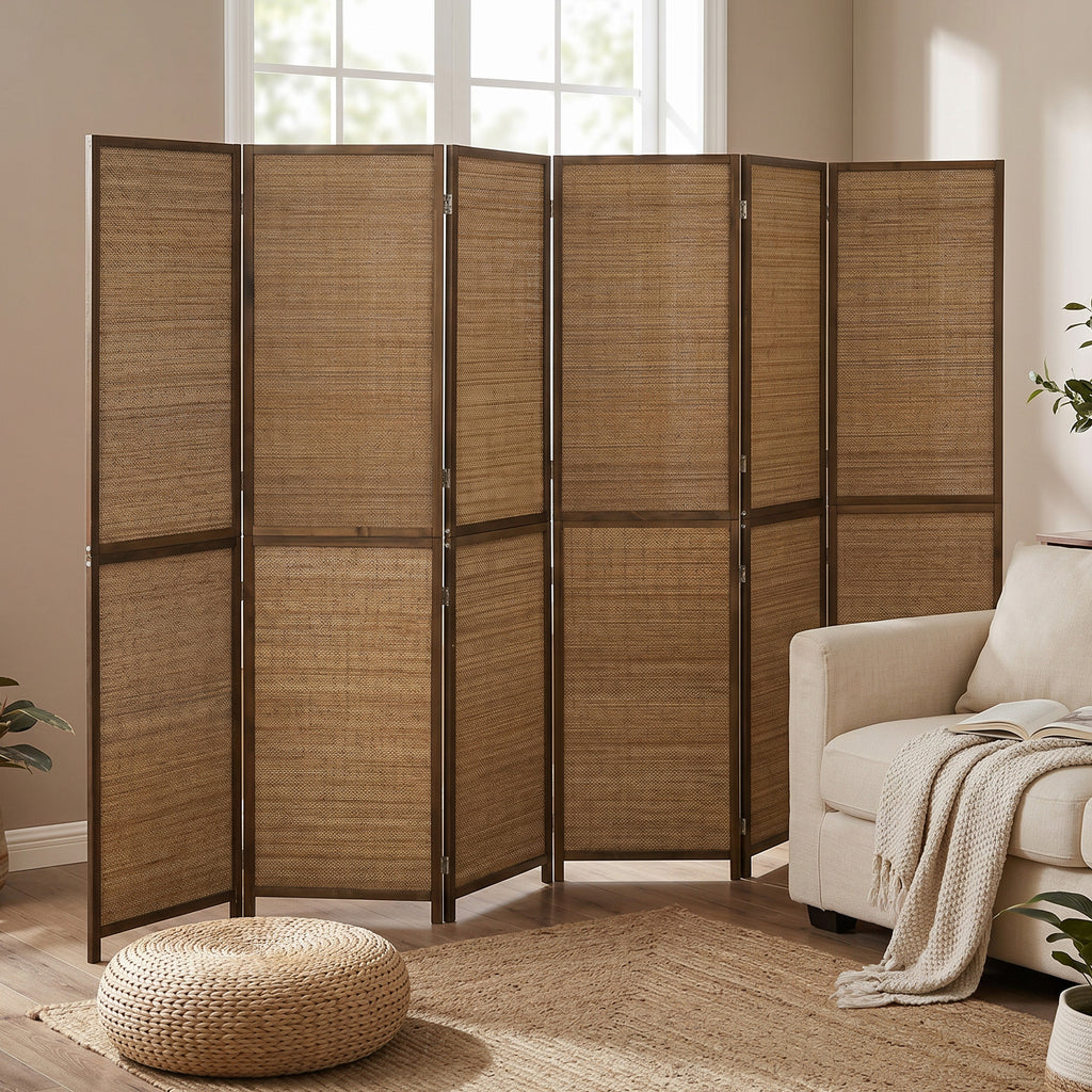 Room Divider, 6 Panel Folding Privacy Screen, 6 FT Tall Hand-Woven Bamboo Wall Partition, Brown