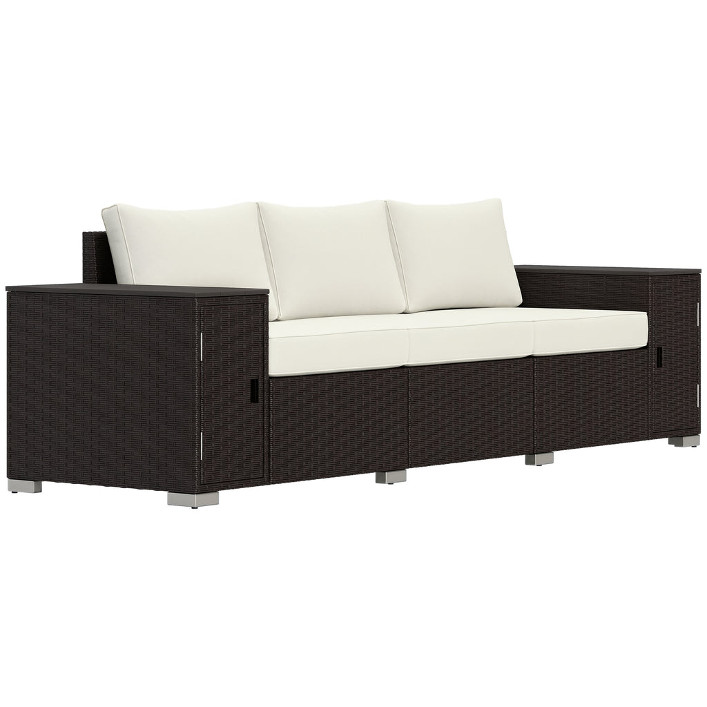 3 Seater Wicker Outdoor Couch Patio Sofa with Storage, Thickened Cushions and Wide Armrests for Porch Yard, Cream White