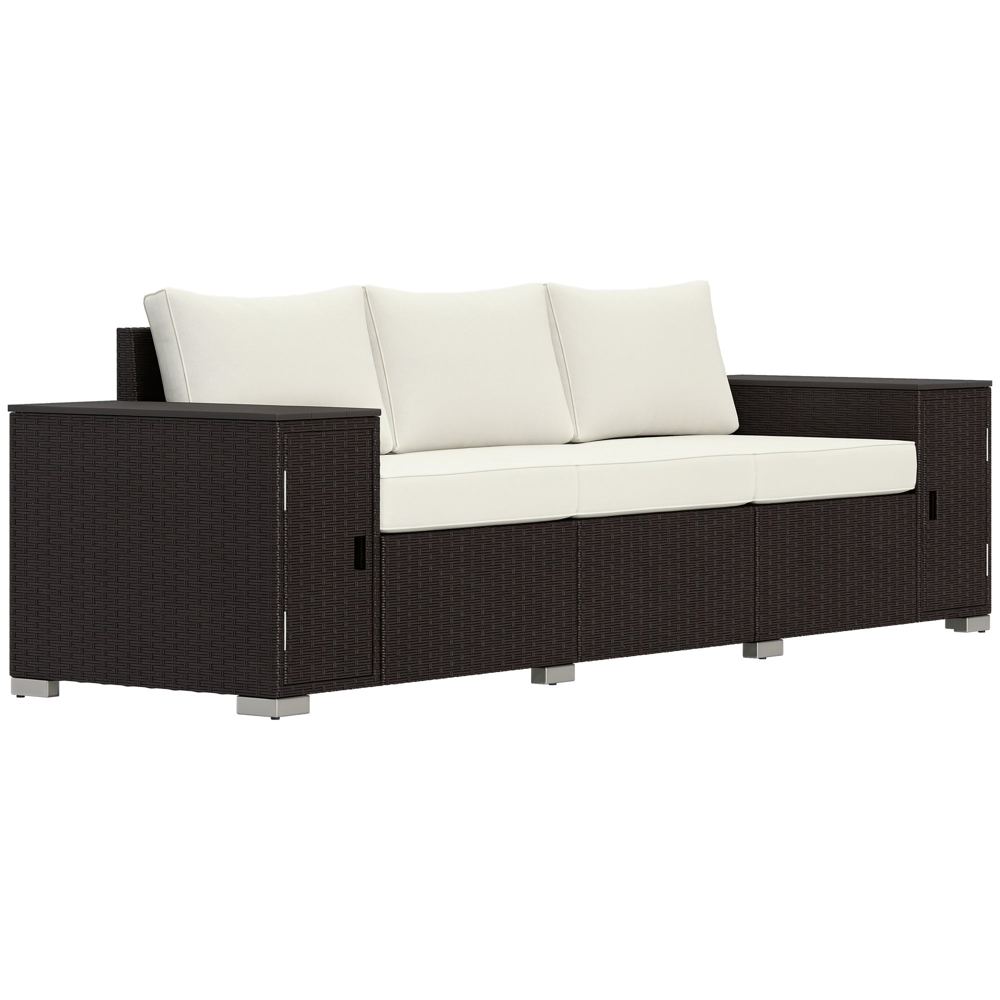 3 Seater Wicker Outdoor Couch Patio Sofa with Storage, Thickened Cushions and Wide Armrests for Porch Yard, Cream White