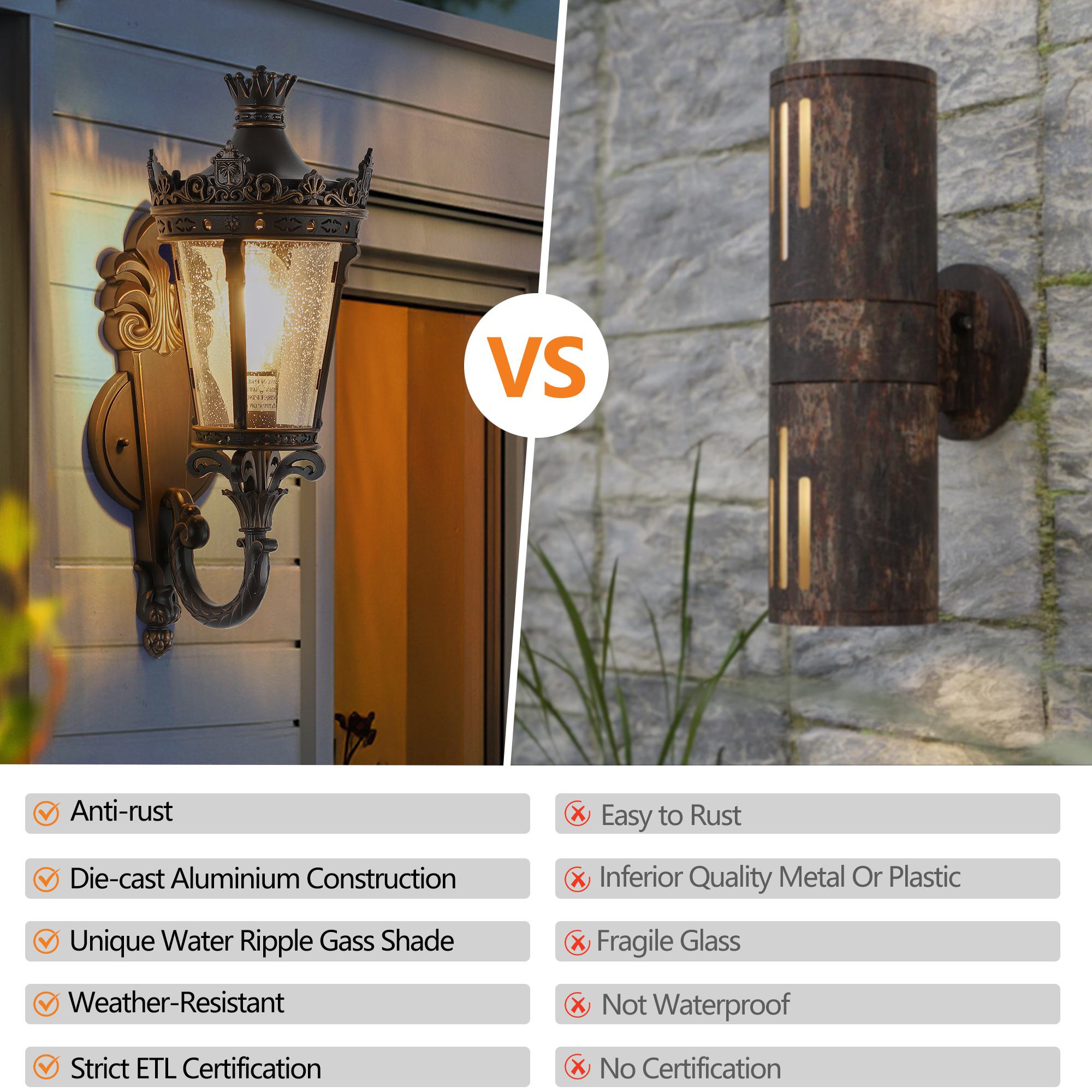 21" Vintage Outdoor Wall Lantern with Crown Top, Waterproof Exterior Sconce, Easy Installation, 10" L x 8" W x 21" H, Coffee+Golden