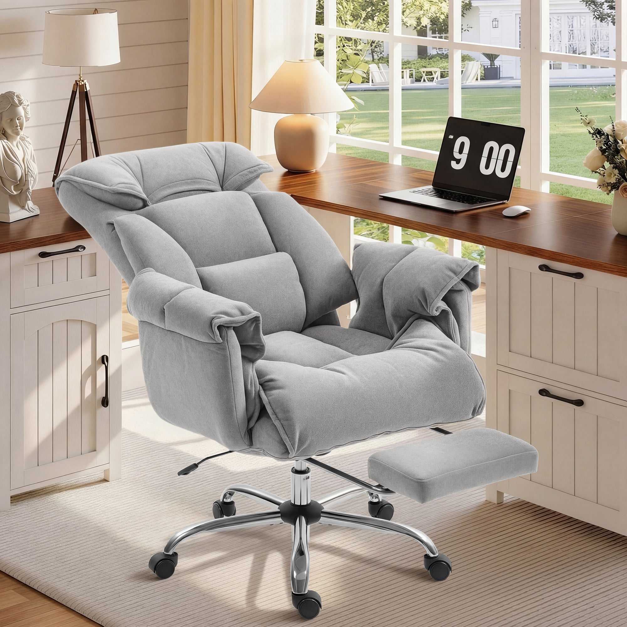 High Back Office Chair, Reclining Desk Chair with Footrest, High Resilience Foam, Rolling Wheels, Light Taupe Gray
