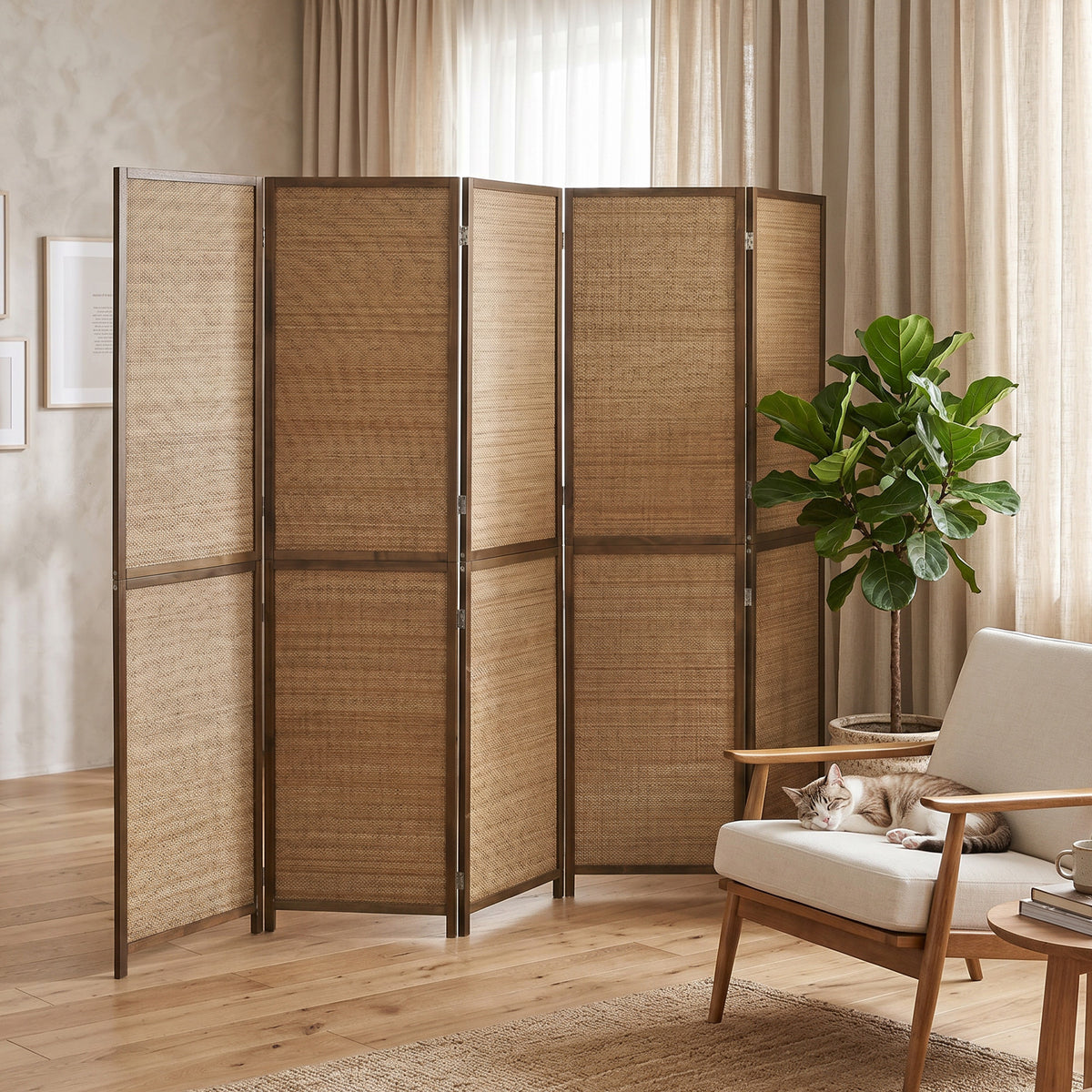 Room Divider, 6 Panel Folding Privacy Screen, 6 FT Tall Hand-Woven Bamboo Wall Partition, Brown