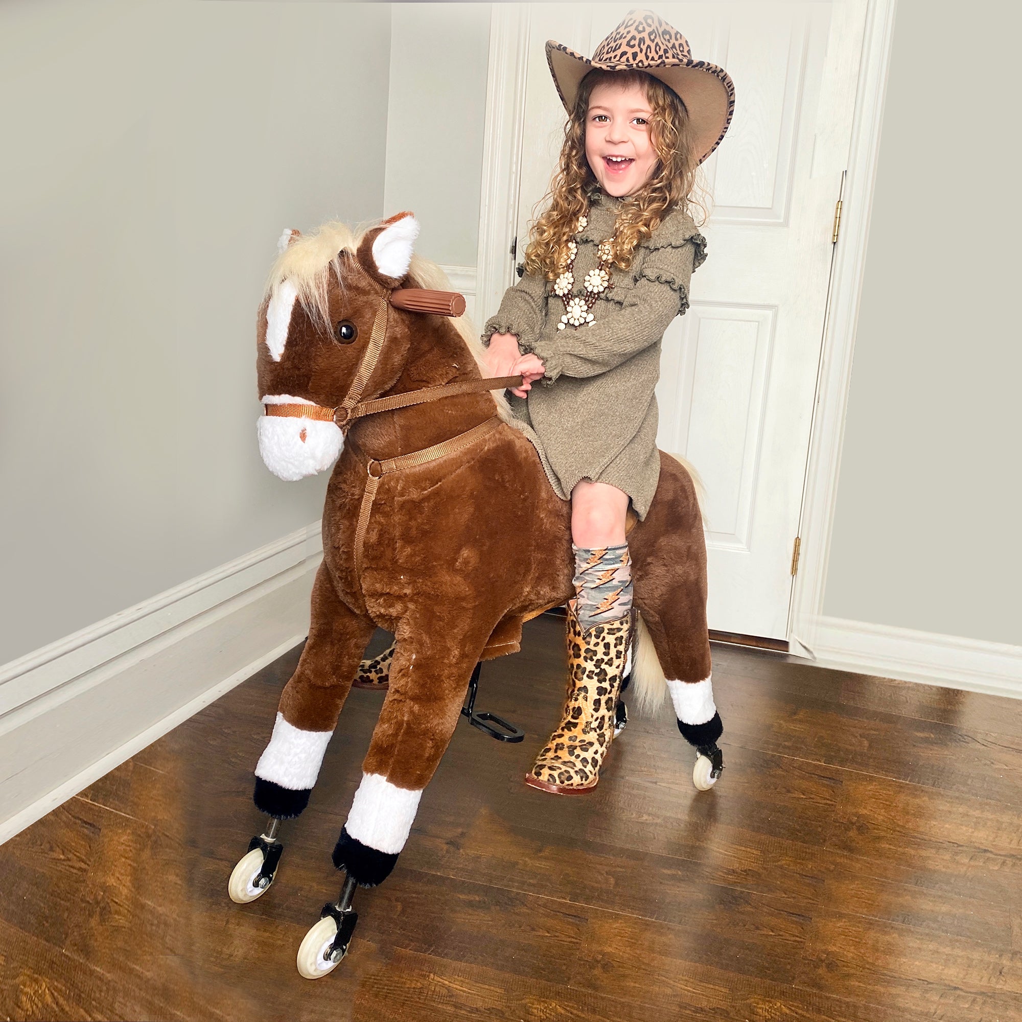 Kids Ride-on Walking Horse with Easy Rolling Wheels, Soft Huggable Body, & a Large Size for Kids 3-9 Years