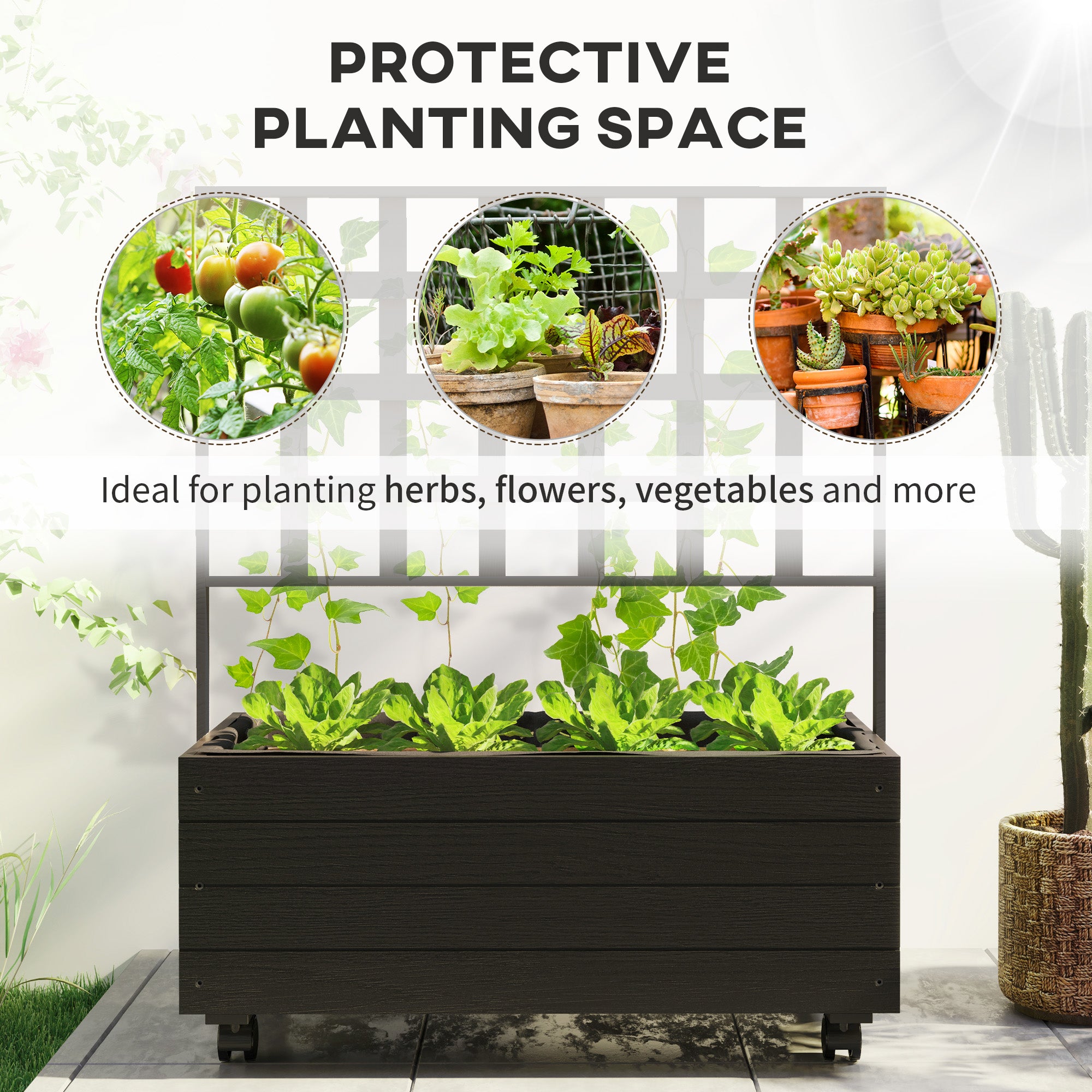 Raised Garden Bed with Trellis and Wheels, Outdoor Planter Wooden Elevated Garden Bed for Garden, Patio, Balcony