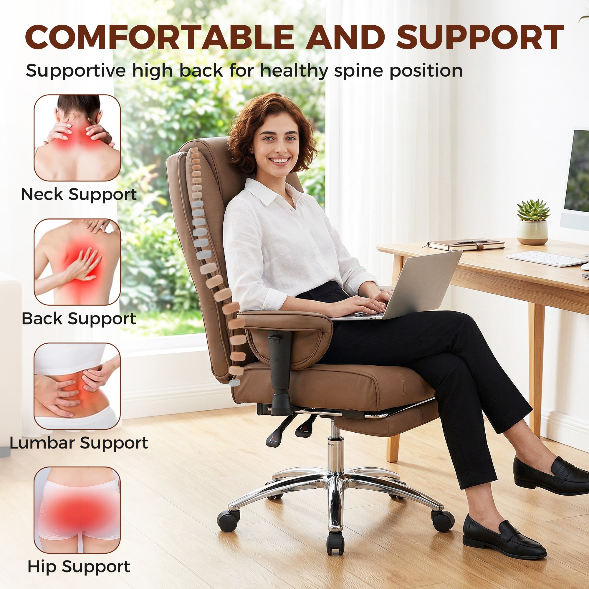 Ergonomic Office Chair, High Back Reclining Desk Chair with Adjustable Armrests, Pet Friendly Faux Leather, Brown