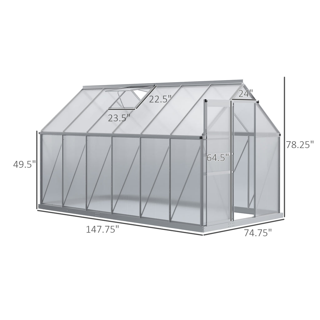 12' x 6' x 6.5' Polycarbonate Greenhouse with Aluminum Frame, Walk-in Heavy Duty Green House with Adjustable Roof Vent, Rain Gutter and Sliding Door for Winter, Silver