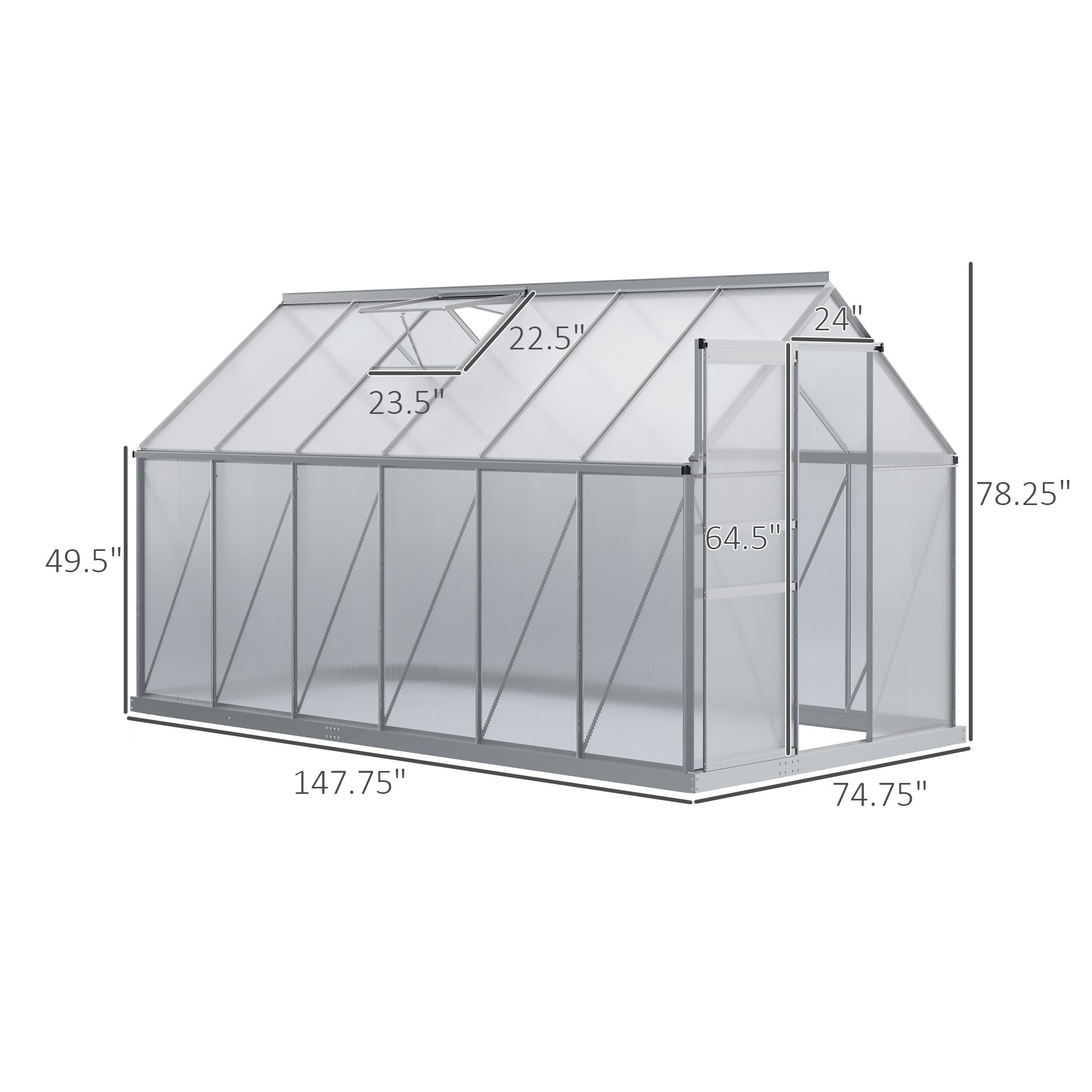 12' x 6' x 6.5' Polycarbonate Greenhouse with Aluminum Frame, Walk-in Heavy Duty Green House with Adjustable Roof Vent, Rain Gutter and Sliding Door for Winter, Silver