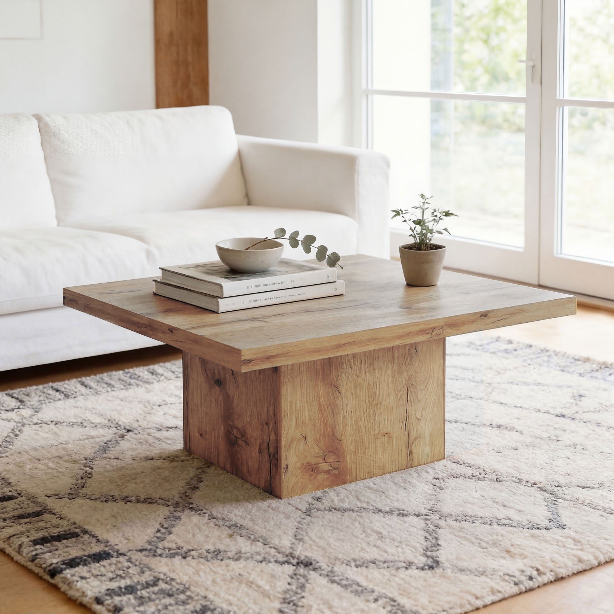 Square Coffee Table, Center Table with 1.6" Thick Tabletop, Light Brown