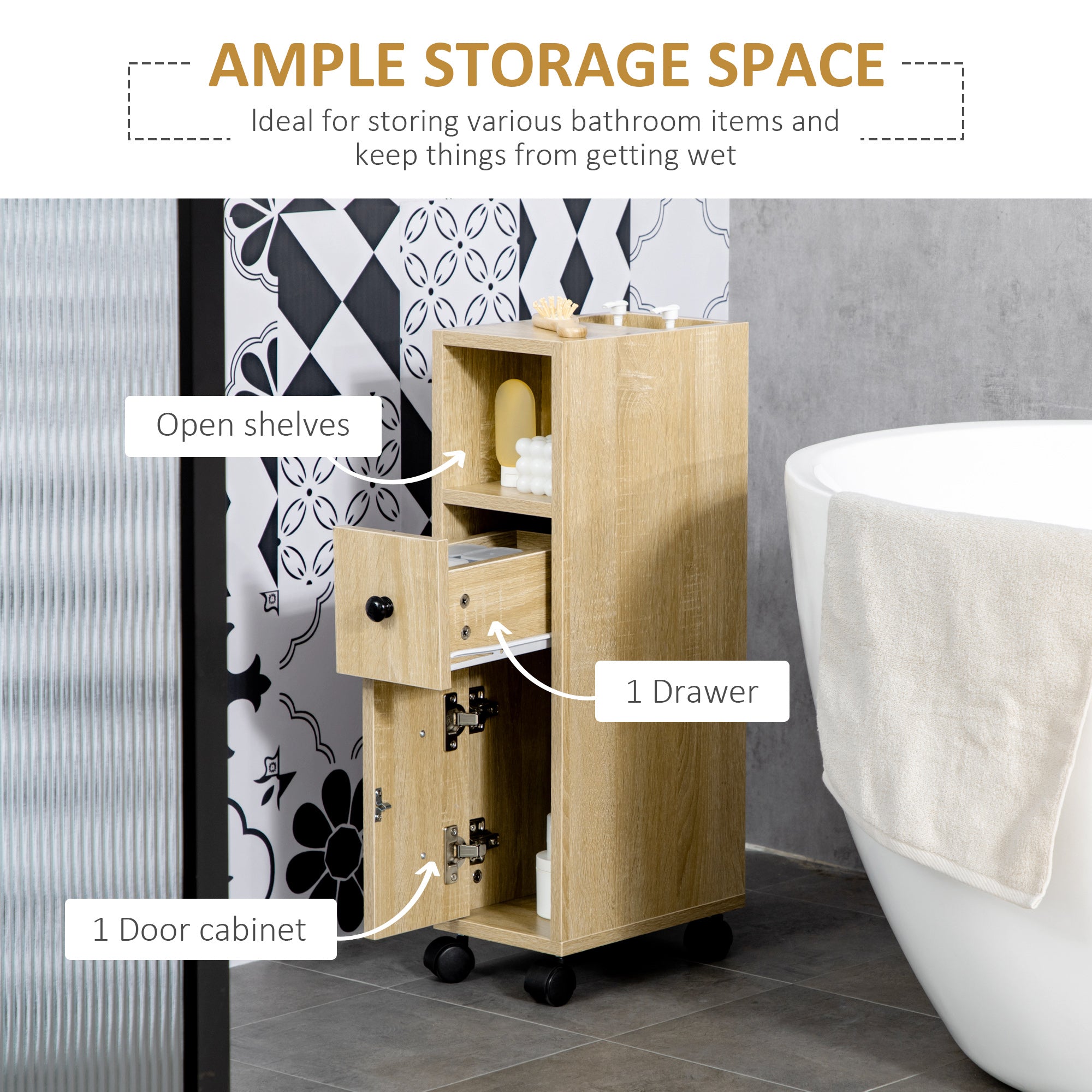 Freestanding Compact Design Bathroom Cabinet with 2 Open Cabinets, 1 Door Cabinet, 1 Drawer and 4 Rolling Wheels, Oak Grain Color