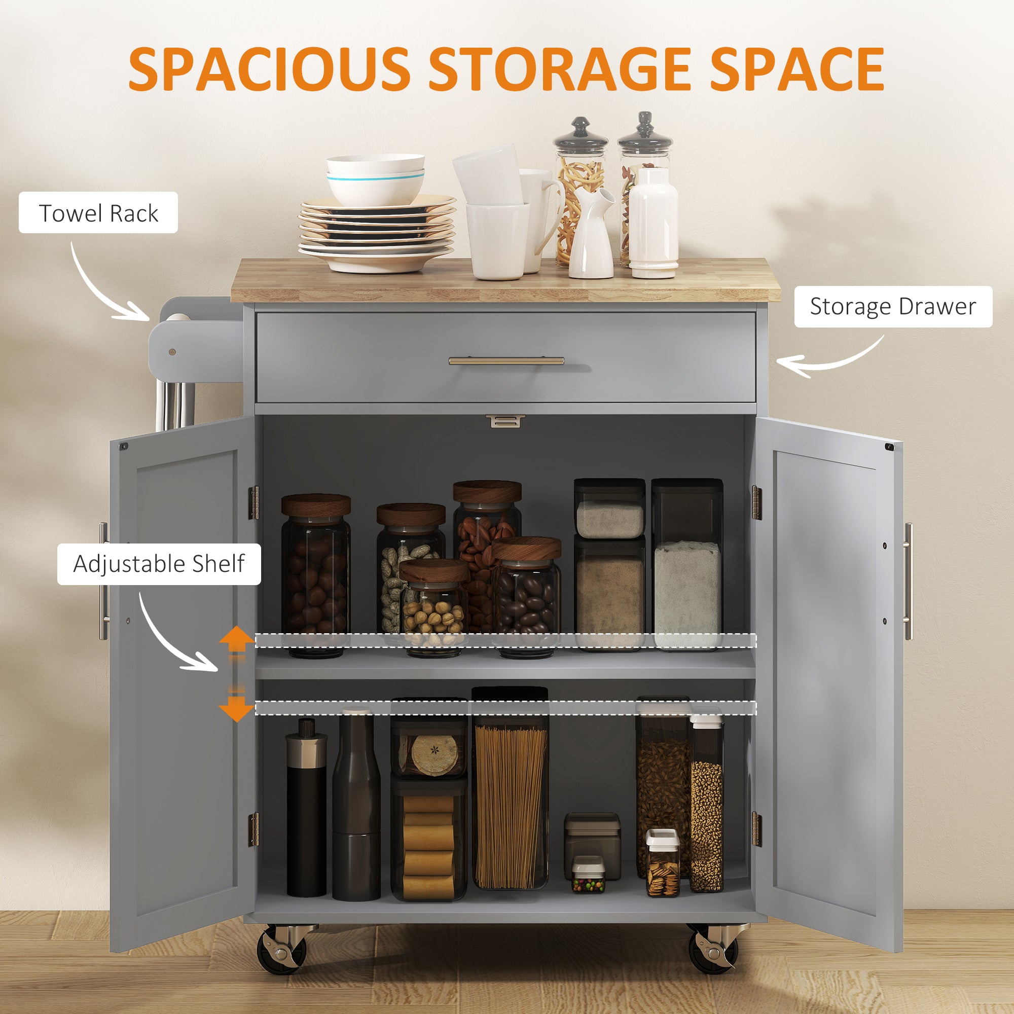 Kitchen Island Cart, Rolling Island Table with Solid Wood Top, Trolley Cart with Drawer, Storage Cabinet & Towel Rack, Gray