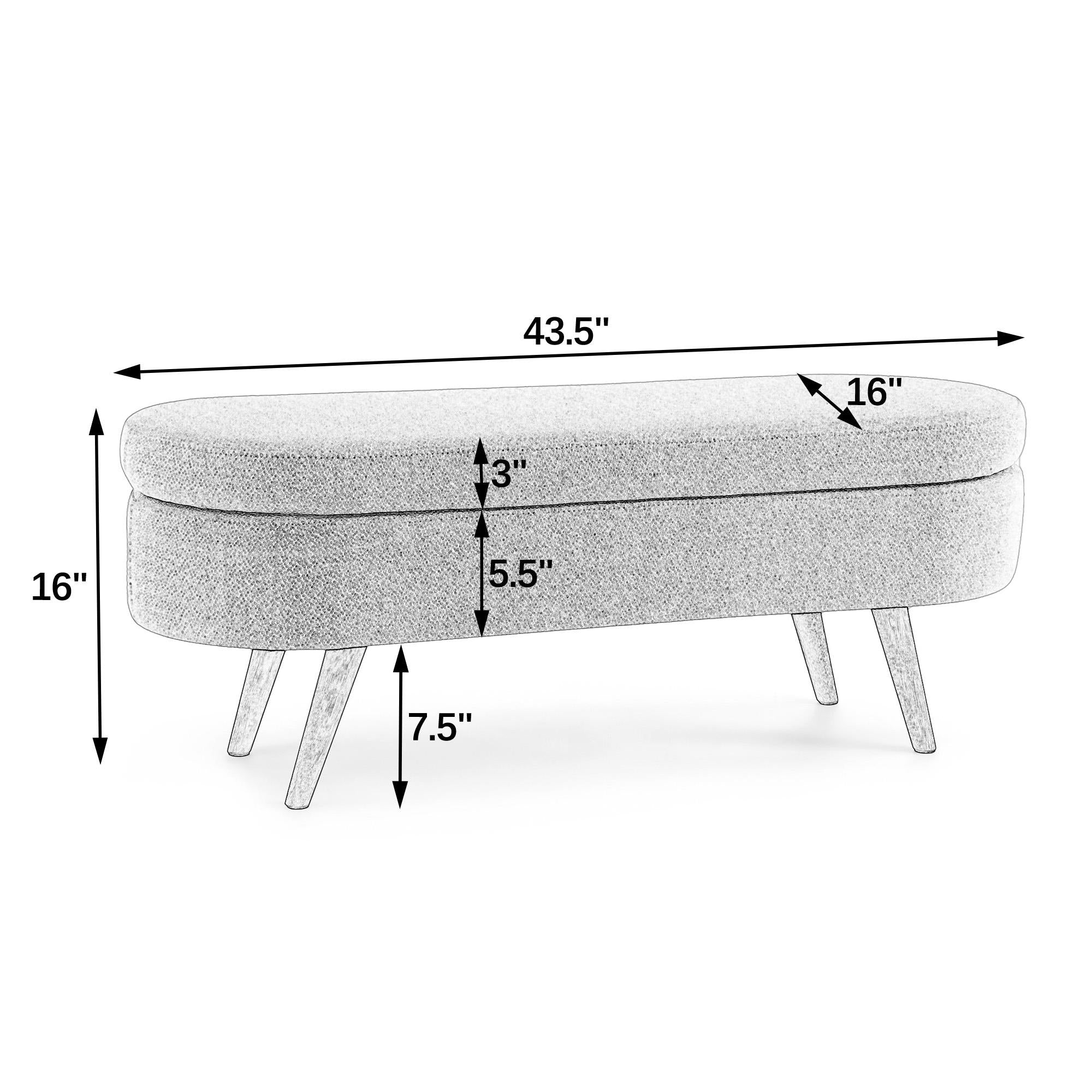 Oval Storage Ottoman Bench with Foam Cushion and Sturdy Rubberwood Legs, Multi-Use Footstool for Bedroom, 43.5" L x 16" W x 16" H, Cyan