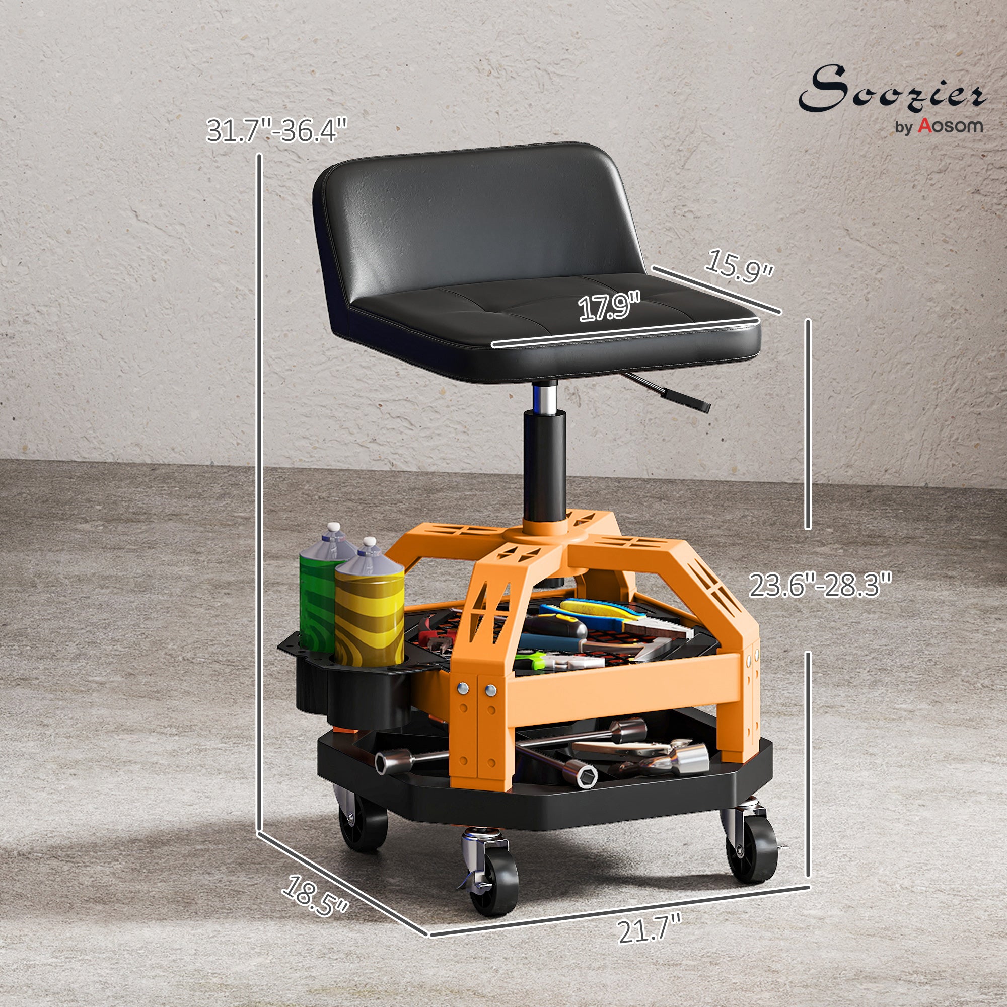 Rolling Creeper Garage Stool, 300 LBS Capacity Mechanic Stool with 360° Wheels, Tool Tray, Adjustable Height, Yellow