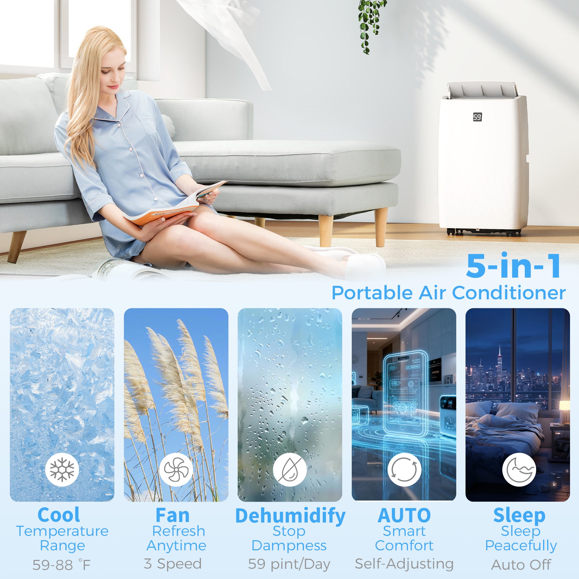 14000 BTU Portable Air Conditioner, AC Unit with Cool, Dehumidifier, Fan, 549 Sq. ft, 24H Timer On Off, Window Kit