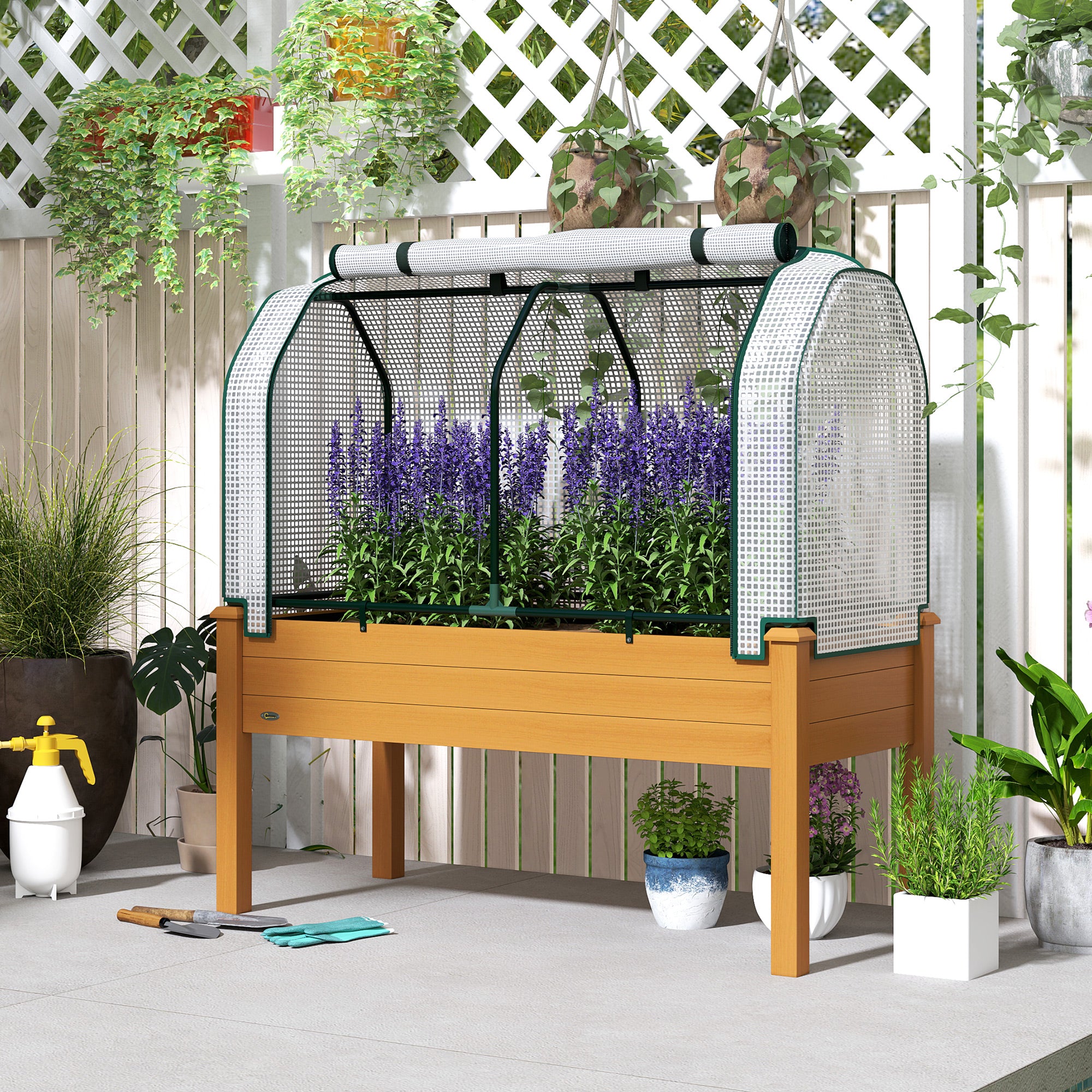 Raised Garden Bed with PE Greenhouse Cover Outdoor Planter Box for Herbs and Vegetables, 48 x 22 x 46 inch, Sand