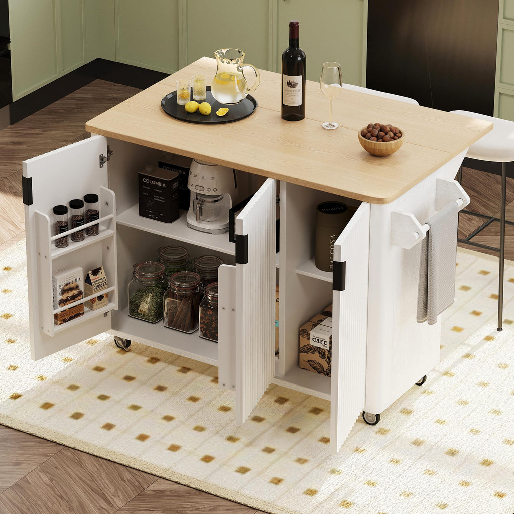 Fluted Kitchen Island with Drop Leaf, Internal Storage Rack, Rolling Kitchen Cart with Towel Rack, Adjustable Shelves, Smooth Curved Edge, White