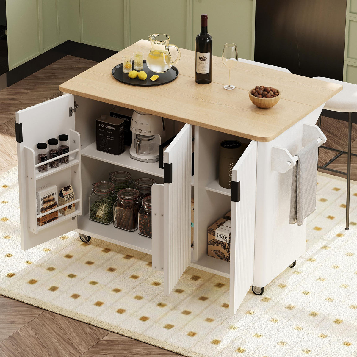 Fluted Kitchen Island with Drop Leaf, Internal Storage Rack, Rolling Kitchen Cart with Towel Rack, Adjustable Shelves, Smooth Curved Edge, White