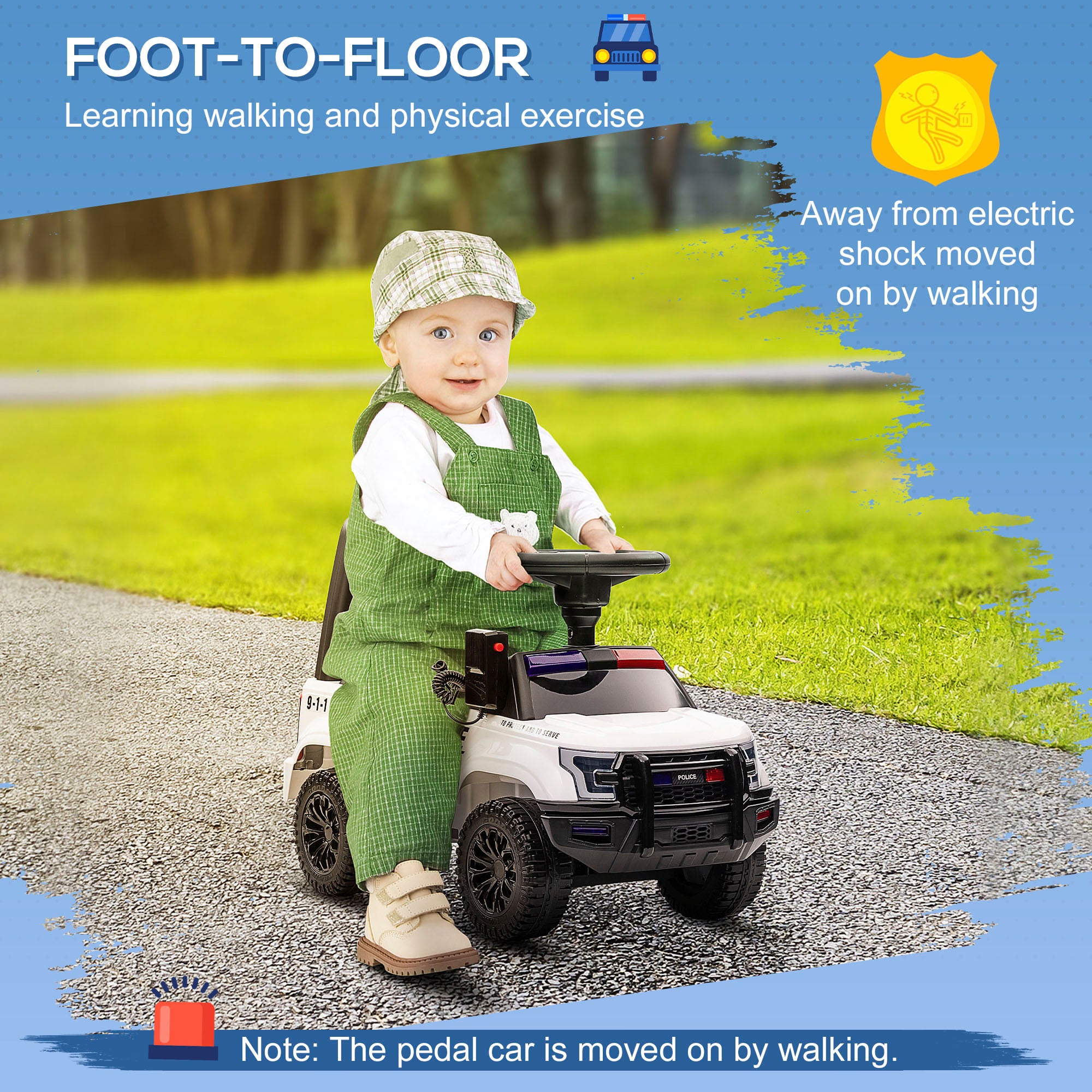 Kids Push Ride On Car with Working PA System and Horn, Police Truck Style Foot-to-Floor Sliding Car for Boys and Girls with Under-Seat Storage, for 18 Months to 5 Years Old, White