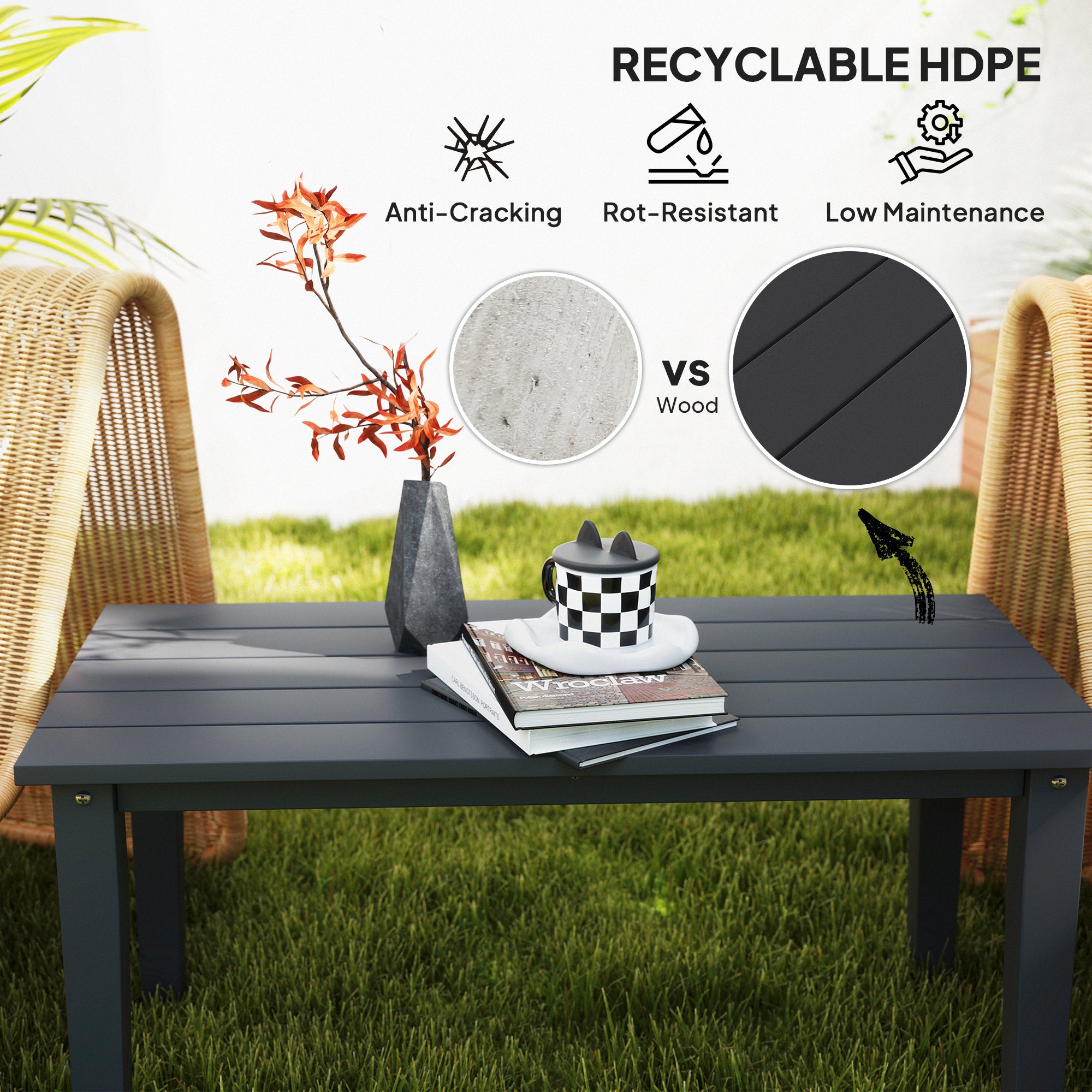 Rectangle Outdoor Coffee Table, HDPE All-Weather Outdoor Patio Table with Slatted Tabletop for Yard, Balcony, Black