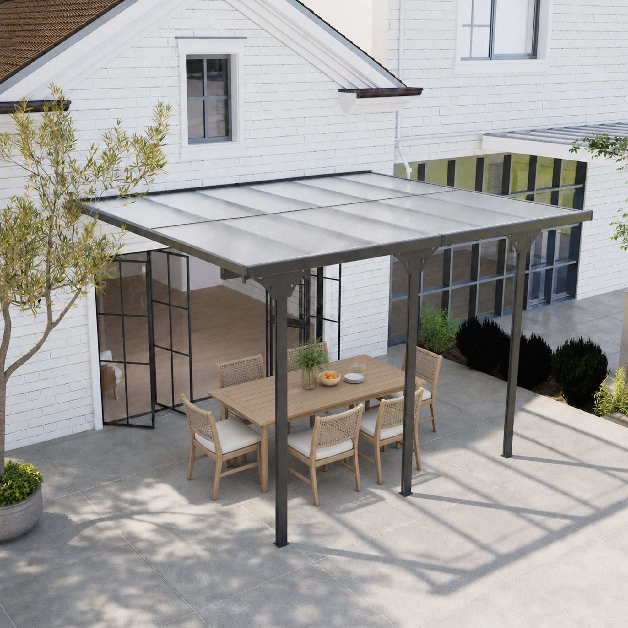12' x 10' Outdoor Polycarbonate Pergola, Transparent UV Blocking Awning, Hardtop Deck Gazebo, Aluminum, Gray