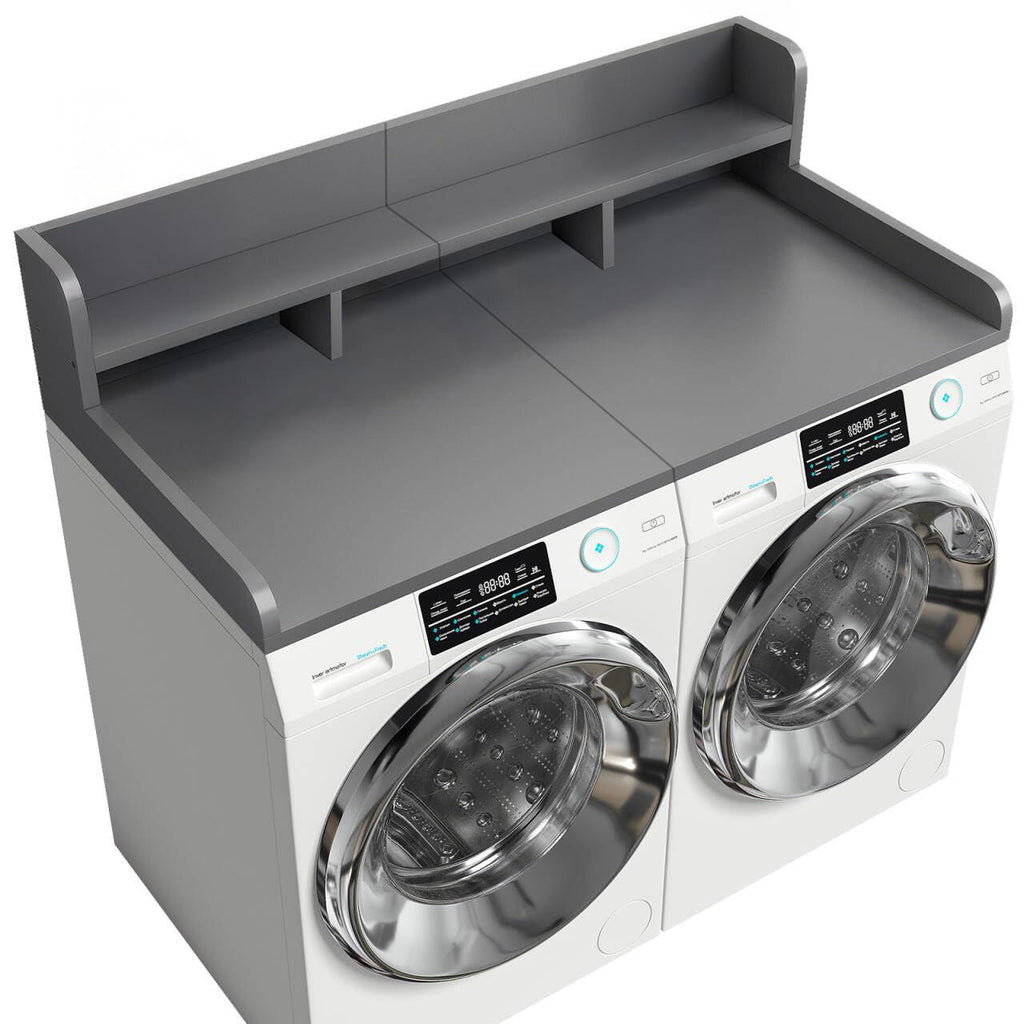 Practical Washer Dryer Countertop with Non-slip Pads, Wood Shelf Topper with Edge, Double Layer Organizer, 54" L x 27.5" W x 12" H, Grey