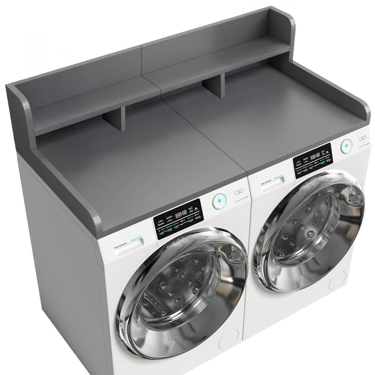 Practical Washer Dryer Countertop with Non-slip Pads, Wood Shelf Topper with Edge, Double Layer Organizer, 54" L x 27.5" W x 12" H, Grey