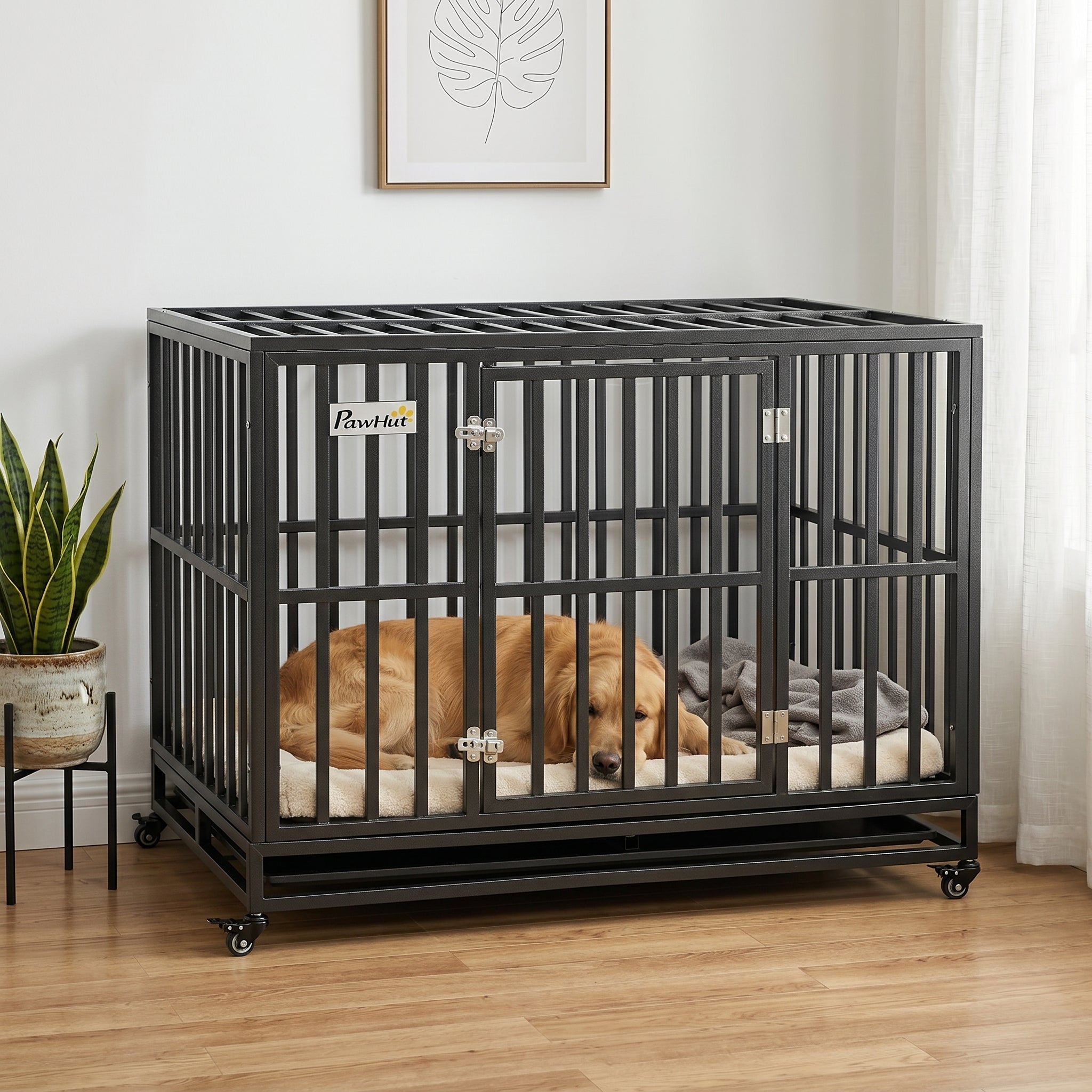 45" Heavy Duty Dog Crate, Escape-Proof Steel Kennel with Wheels, Black