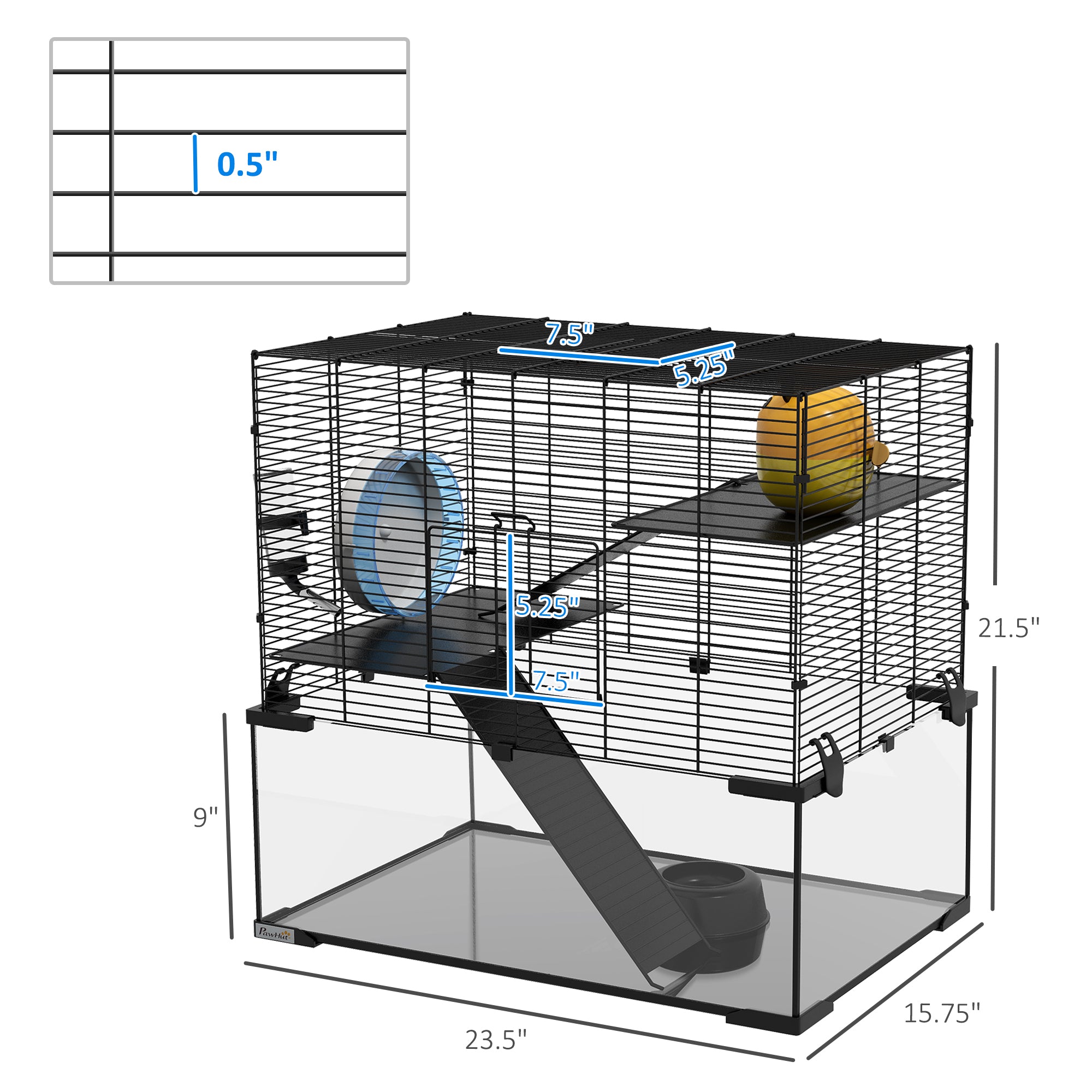 23.5" Hamster Cage, Gerbil Cage with Glass Basin for Small Hamsters, Black