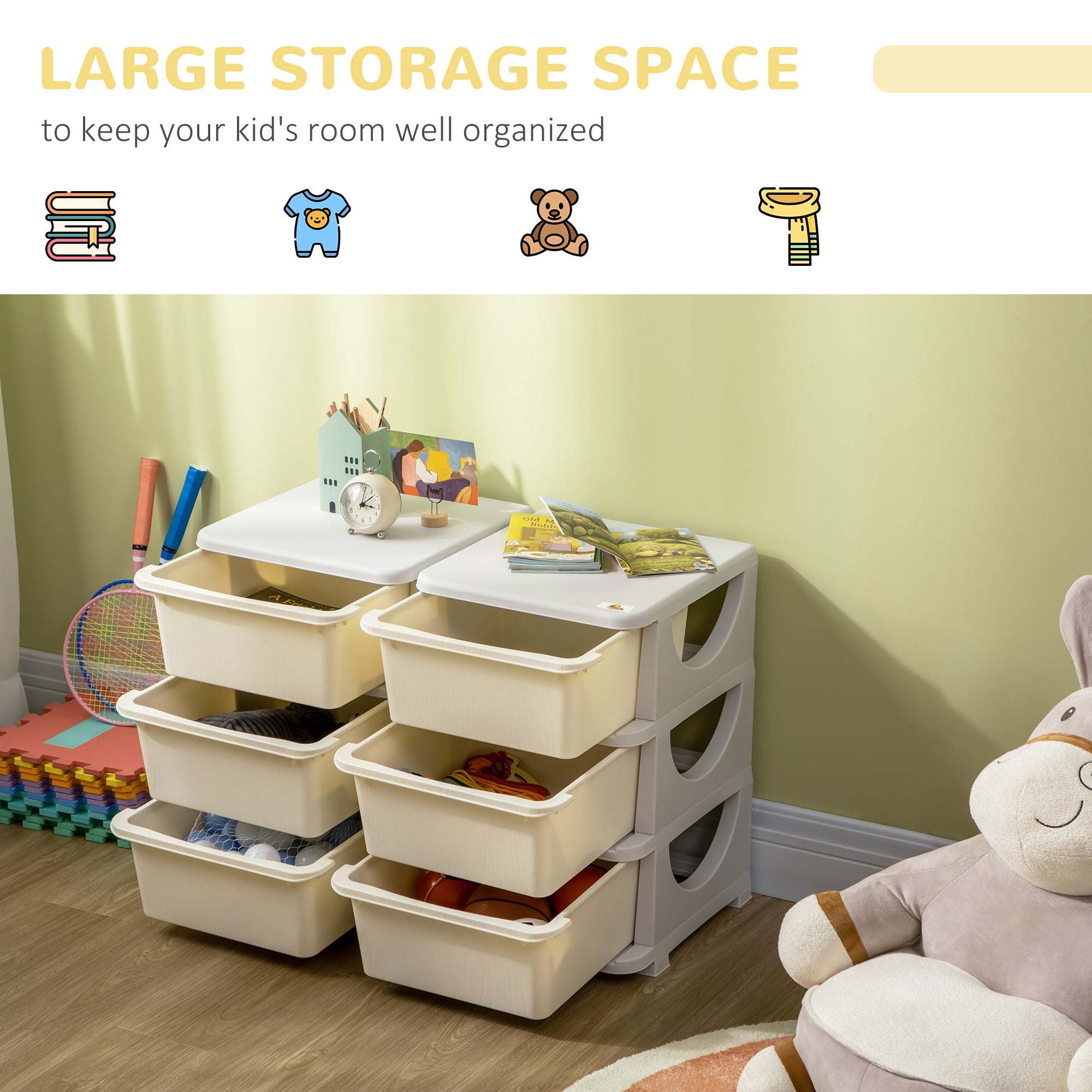 3 Tier Kids Storage Organizer with 6 Drawers for Bedroom, Nursery, Kindergarten, Living Room, Boys and Girls, Cream