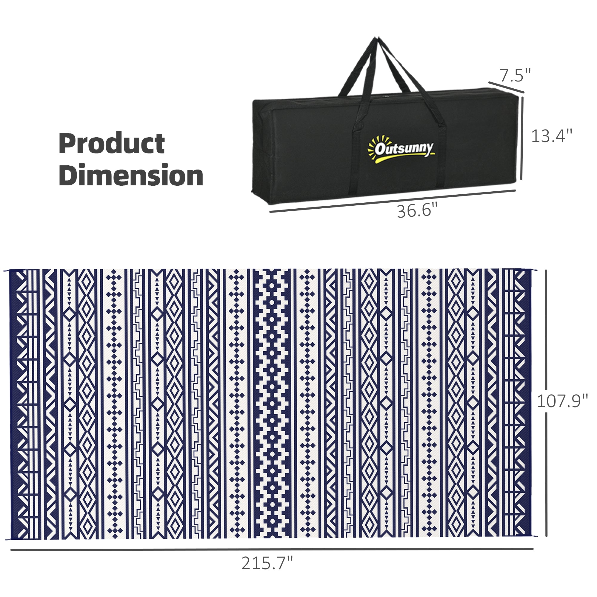 Reversible Outdoor Rug, Waterproof Plastic Straw with Carry Bag, 9' x 18', Blue & White Geometric Wall