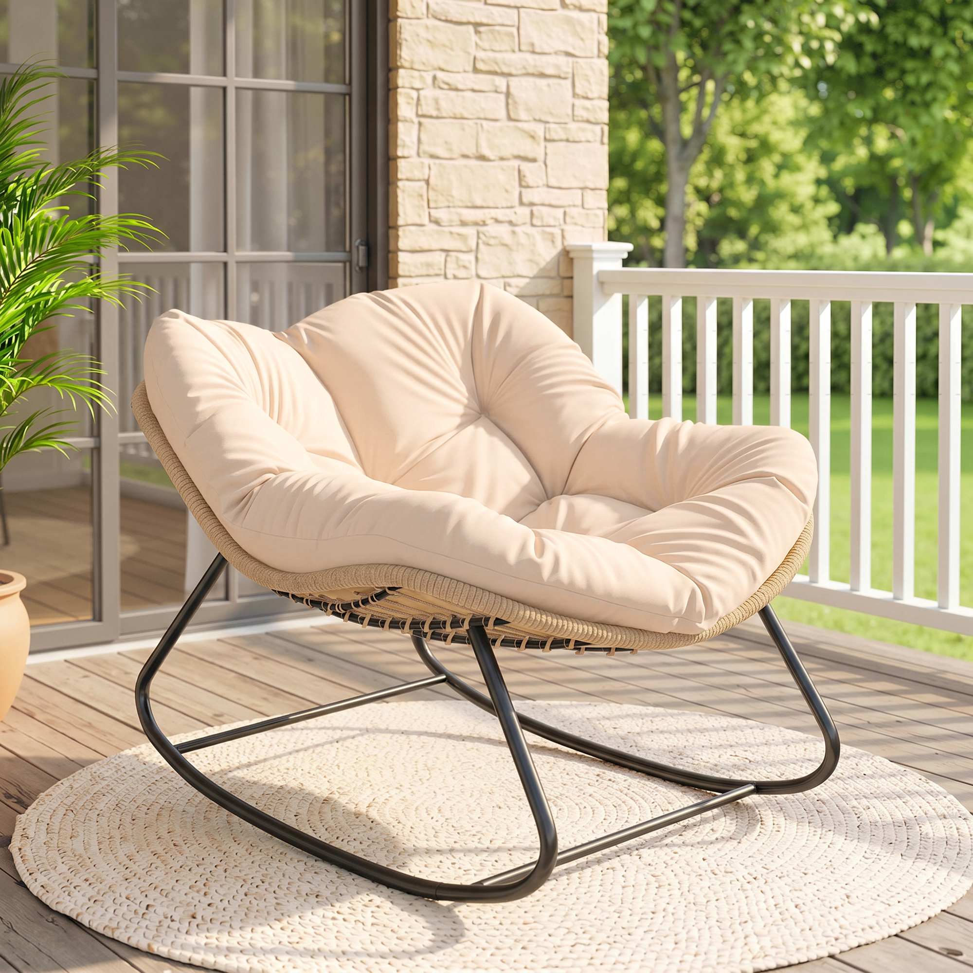 Indoor Outdoor Papasan Rocking Chair, Oversized Rocking Egg Chair with Cushion for Garden, Patio, Cream White