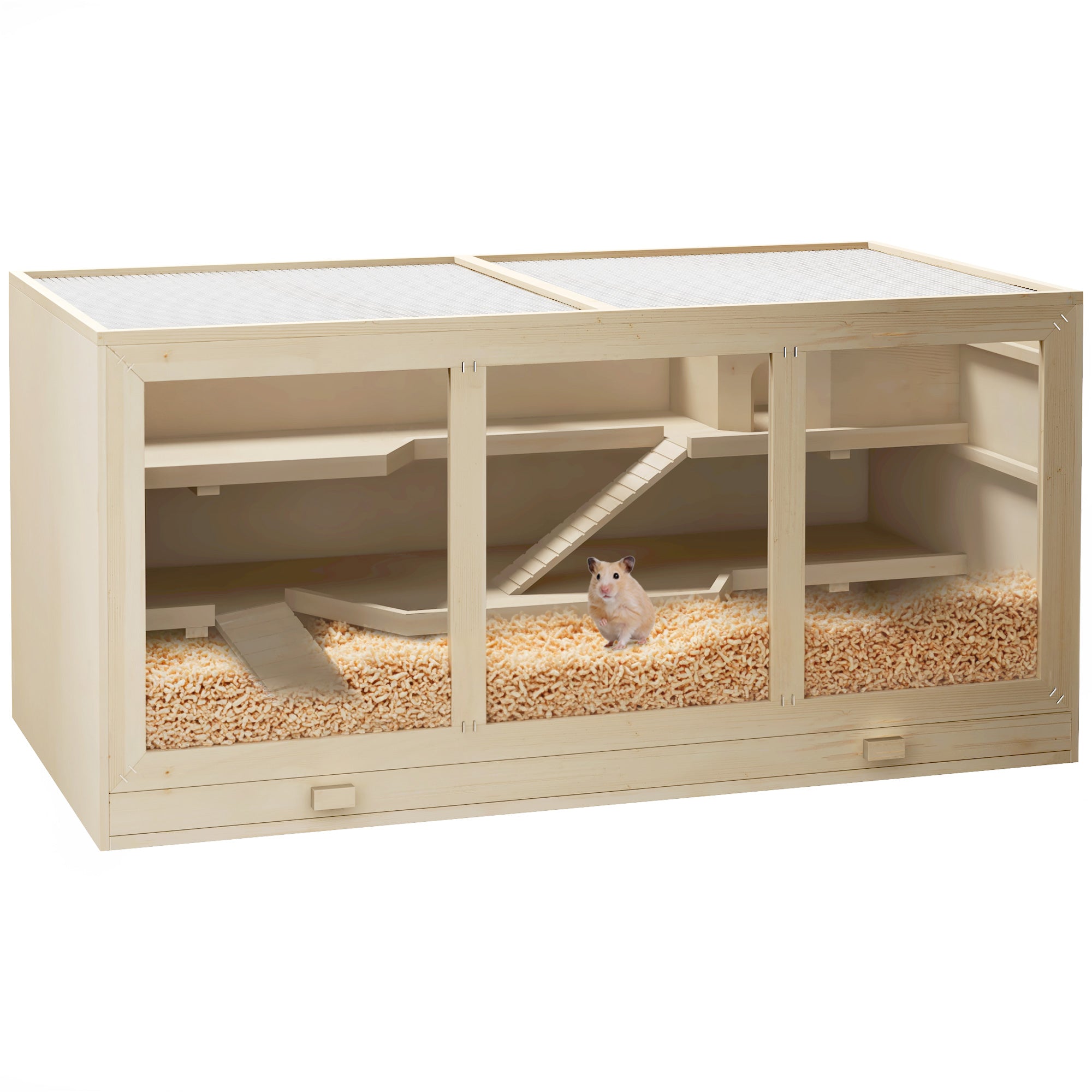 45" Extra Large Wooden Hamster Cage, 3-Layer Rat Cage with Opening Roof, PVC Window, Small Animal Habitat for Gerbil, Dwarf & Syrian Hamsters, Natural