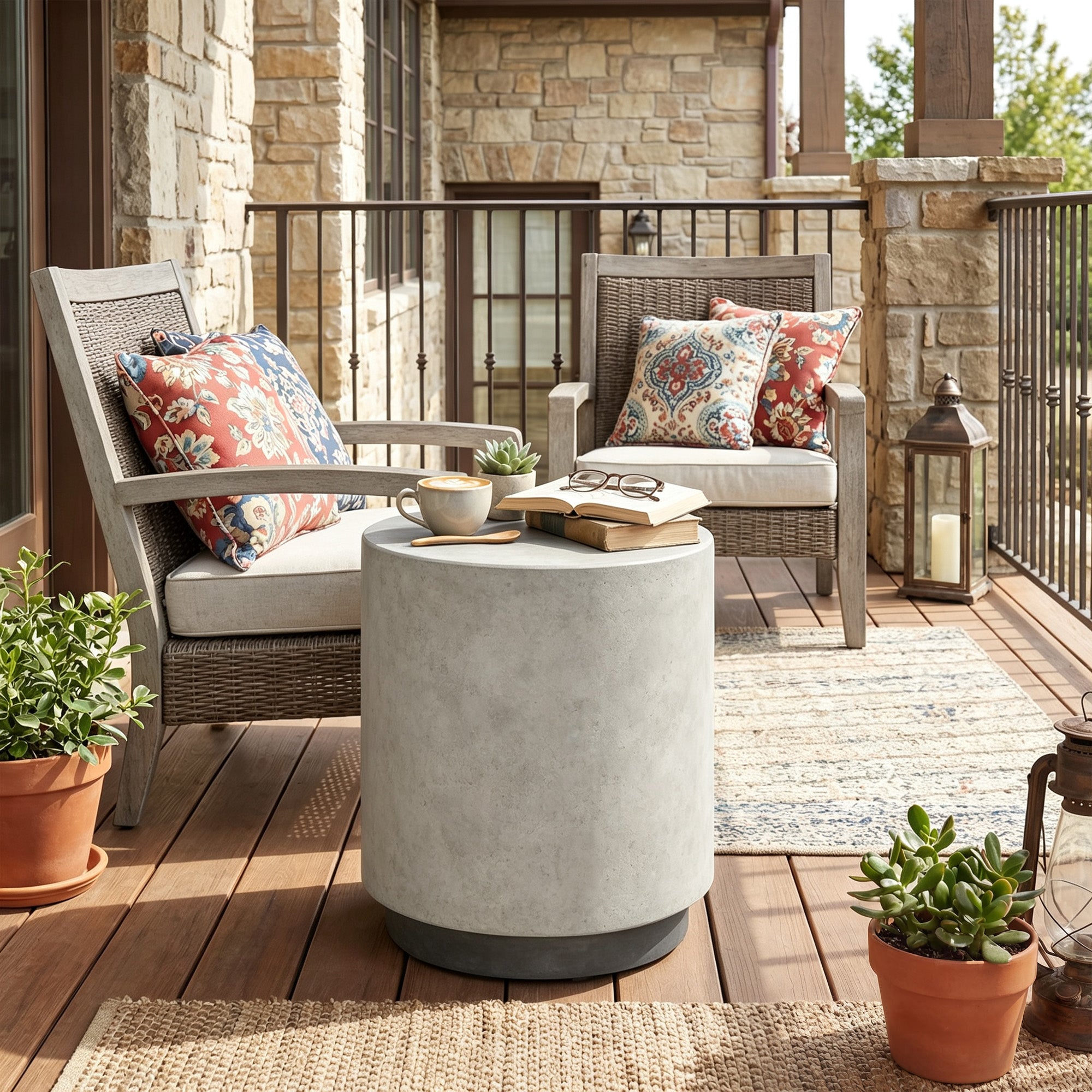Lightweight Accent Table with Concrete Finish, Round Side Table with 4 Adjustable Feet for Indoor, Outdoor, Gray
