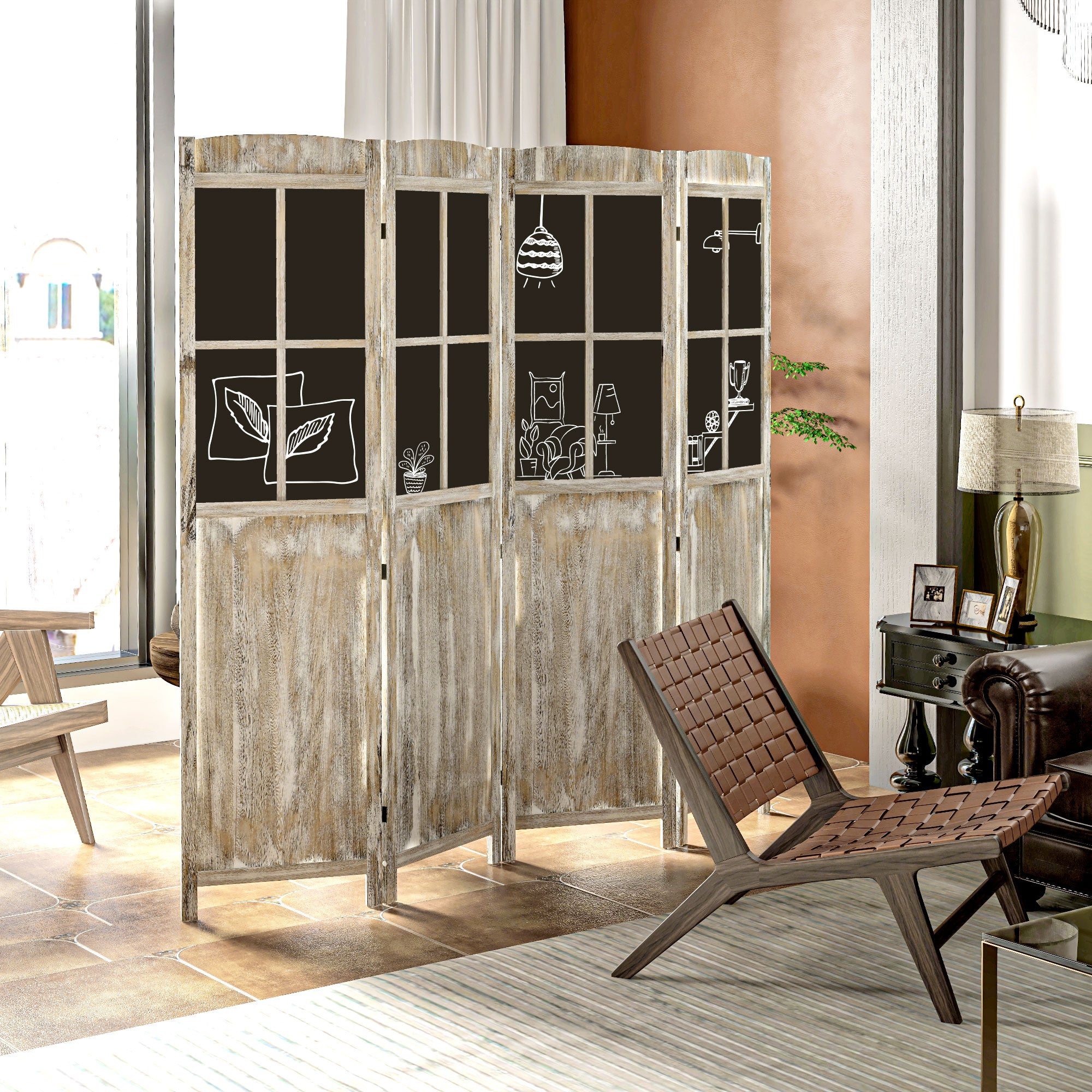 4 Panel Room Divider, 5.6' Tall Farmhouse Style Folding Indoor Portable Wood Privacy Screen with Black Boards, Hinged Freestanding Partition Wall Dividers for Home Office, Natural