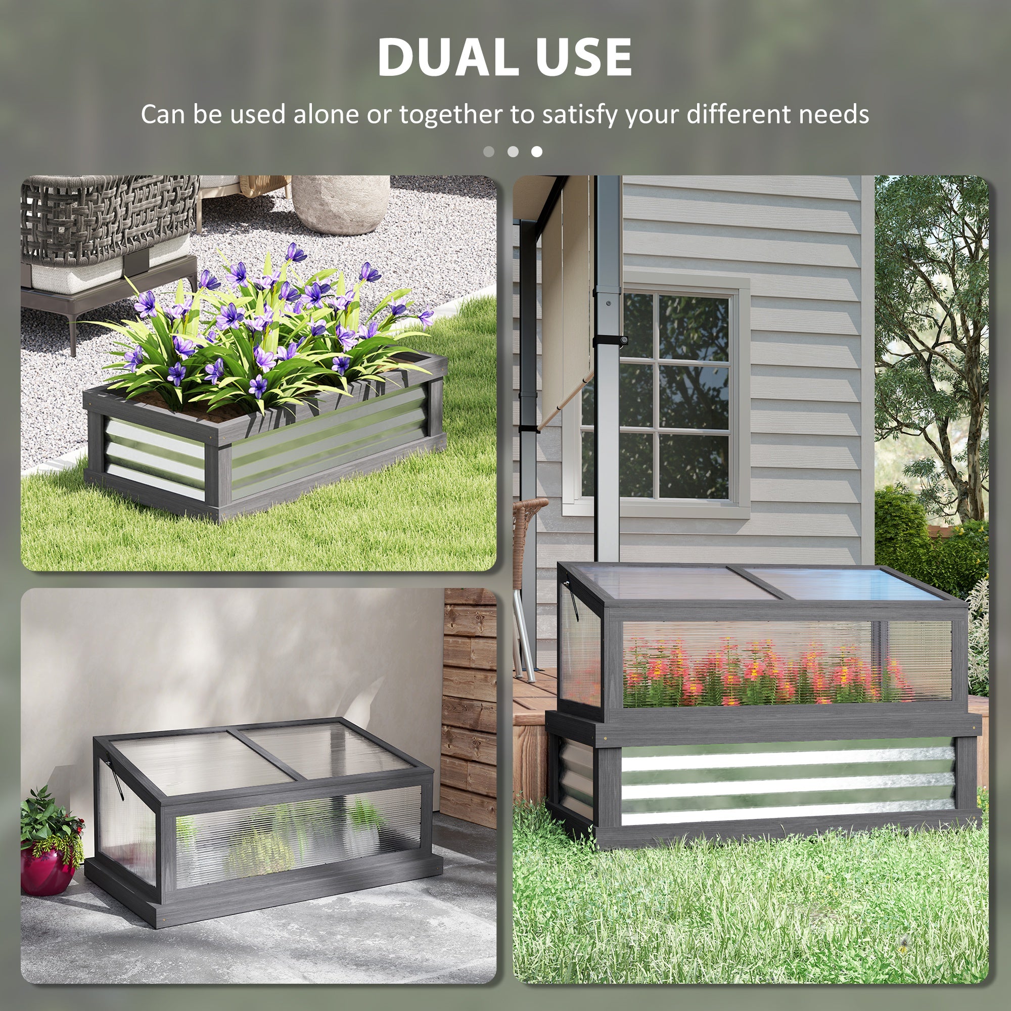Raised Garden Flower Bed Kit with Lean-to Greenhouse, Wooden Cold Frame Planter, 41" x 22.5" x 28.25", Gray