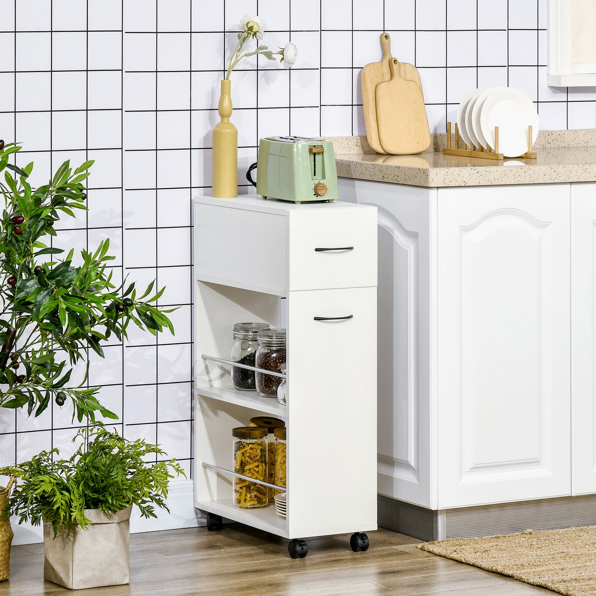 3- tier Slim Storage Cart, Rolling Narrow Kitchen Cart on Wheels for Small Place, Slide Out Side Utility Cart for Bathroom, Laundry