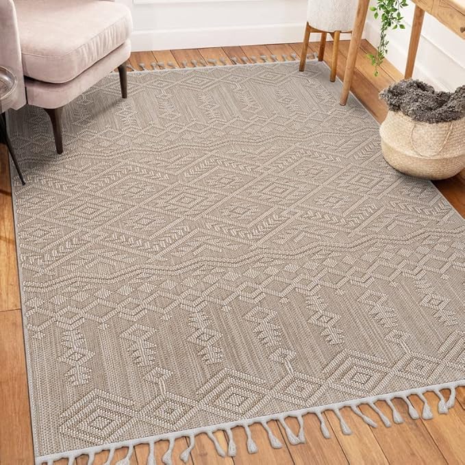 Naar 8x10 Indoor Outdoor Stain-Resistant Area Rug with Medium Pile Height, Kid and Pet-Friendly Carpet, 120" L x 93" W x 0.3" H, Natural