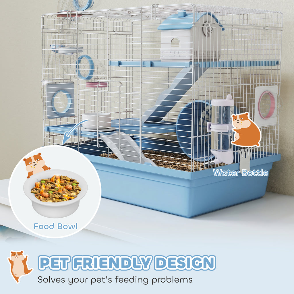 Hamster Cage, 3-Tier Small Animal Cage with Exercise Wheel, Food Bowl, Water Bottle, House, Tunnels, Ramps