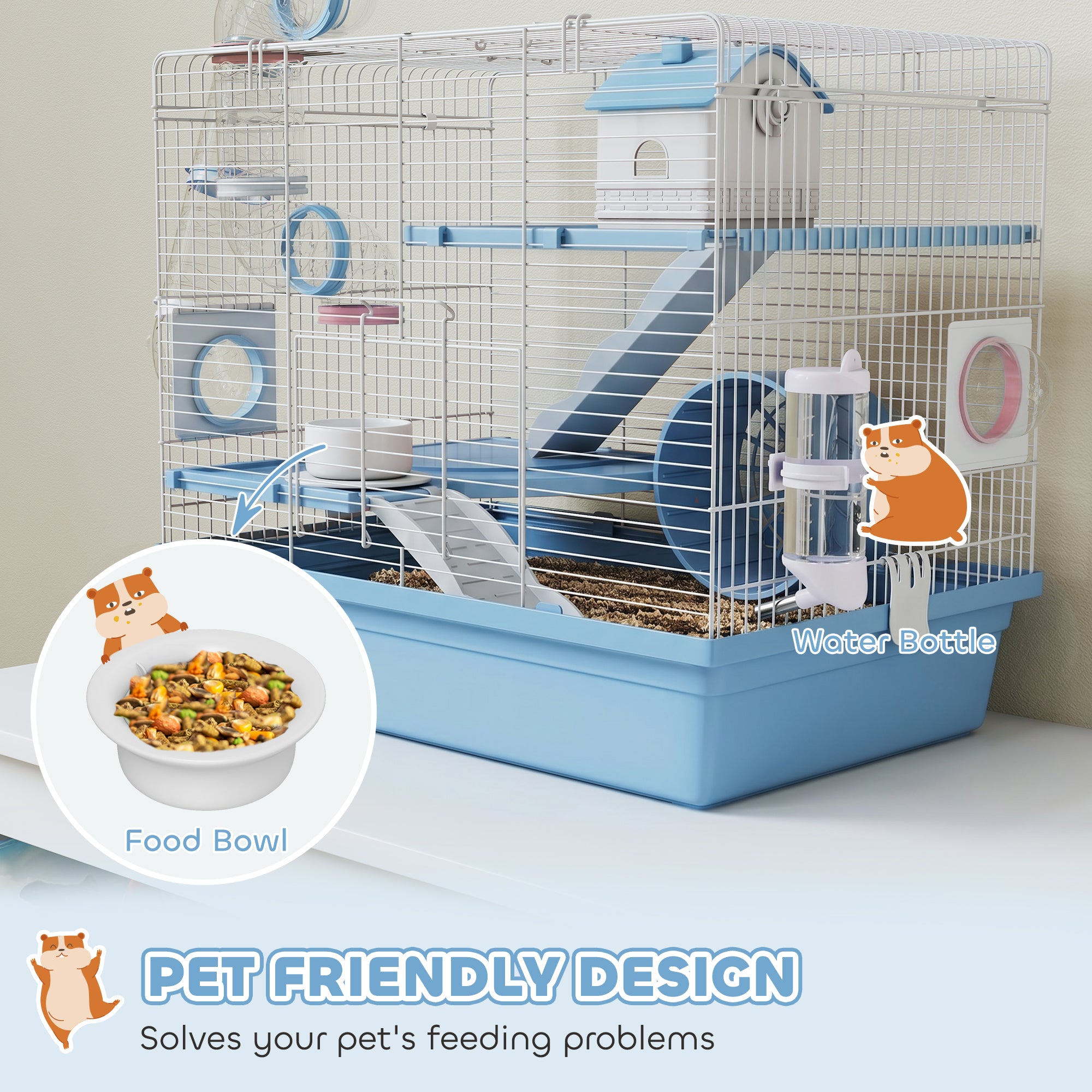 Hamster Cage, 3-Tier Small Animal Cage with Exercise Wheel, Food Bowl, Water Bottle, House, Tunnels, Ramps