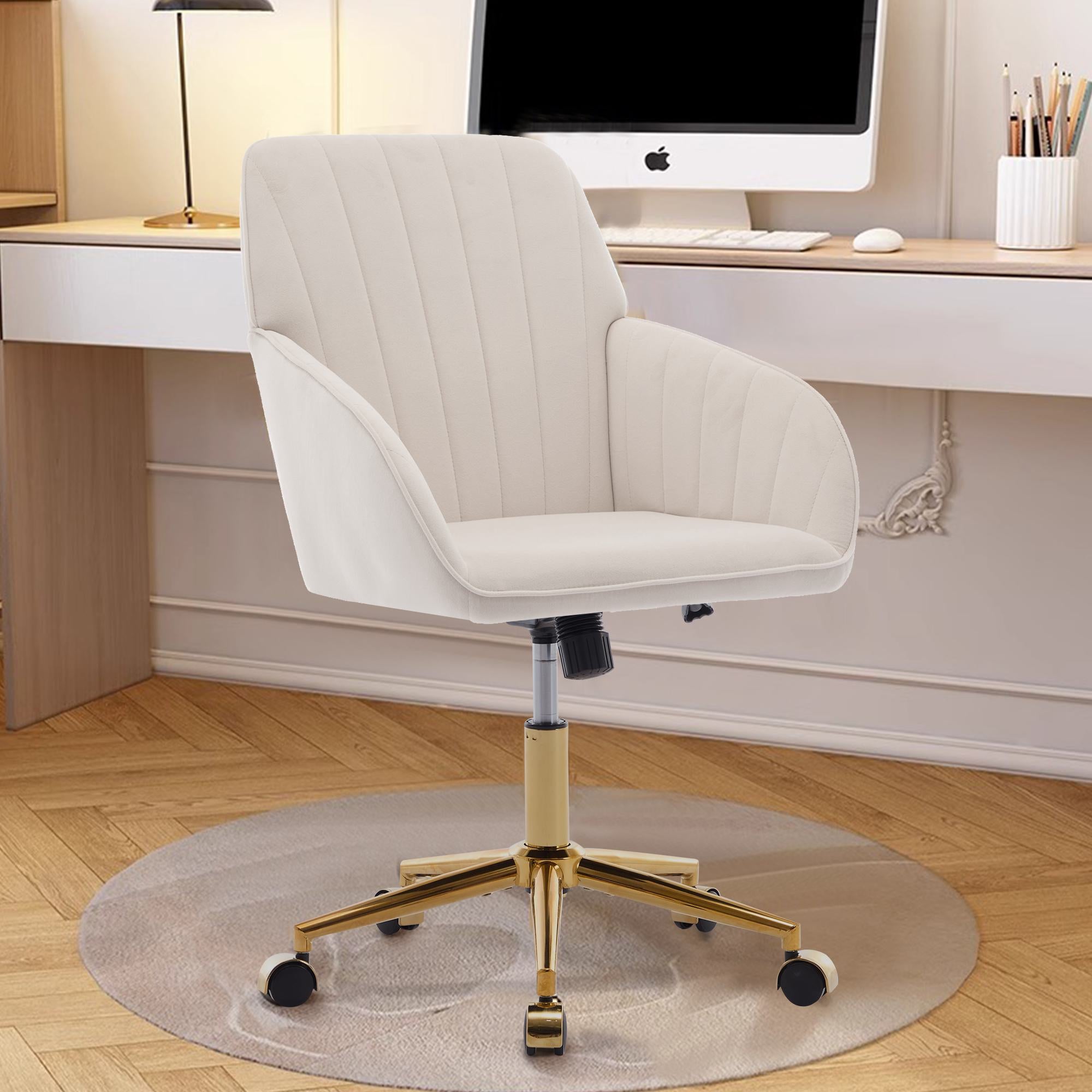 Adjustable Ergonomic Swivel Chair with Velvet Cushion and Lumbar Support, Office Chair with Golden Base, 25" L x 23" W x 38" H, Beige
