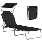 Outdoor Pool Chaise Lounge Chair, Folding Tanning Chair with Sun Shade, Black