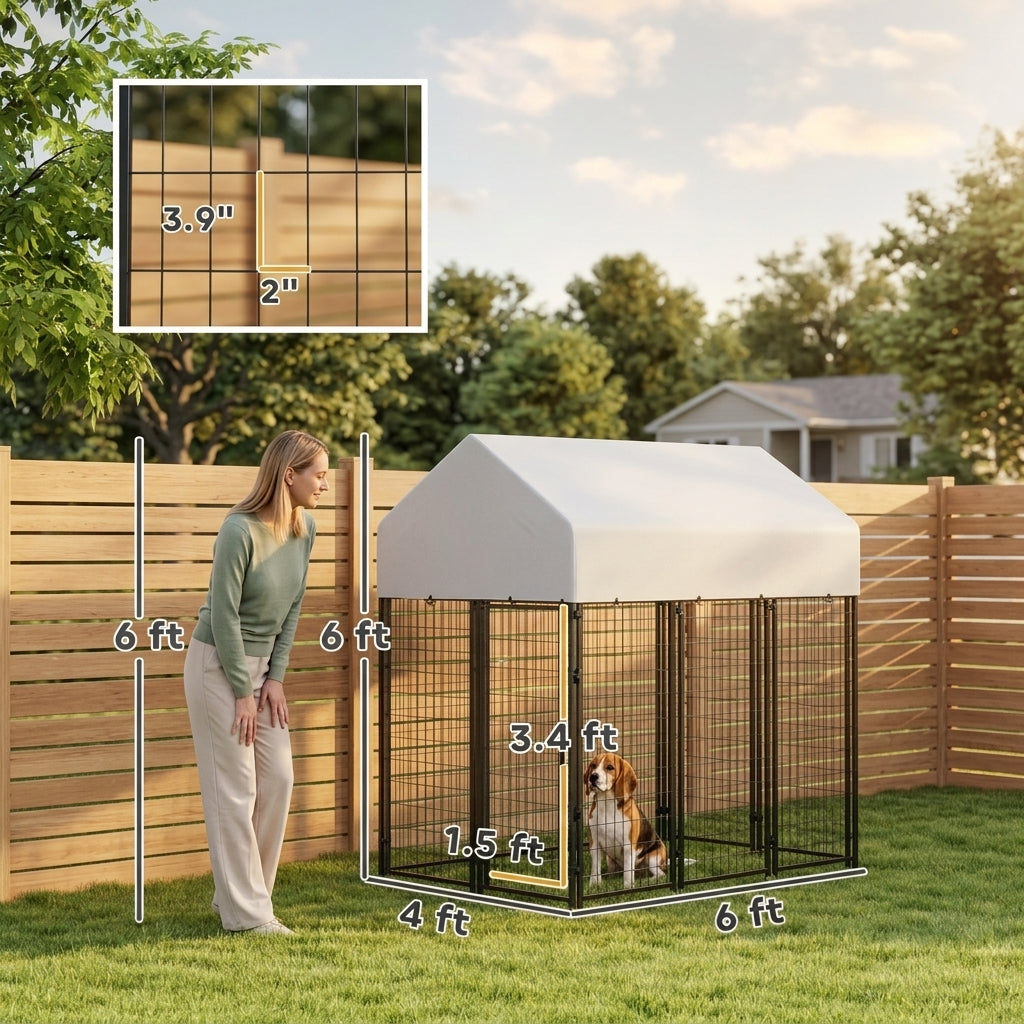Outdoor Dog Kennel with Roof, 6' x 4' x 6' Heavy Duty Welded Wire Dog Playpen Enclosure with Escape-proof Lock