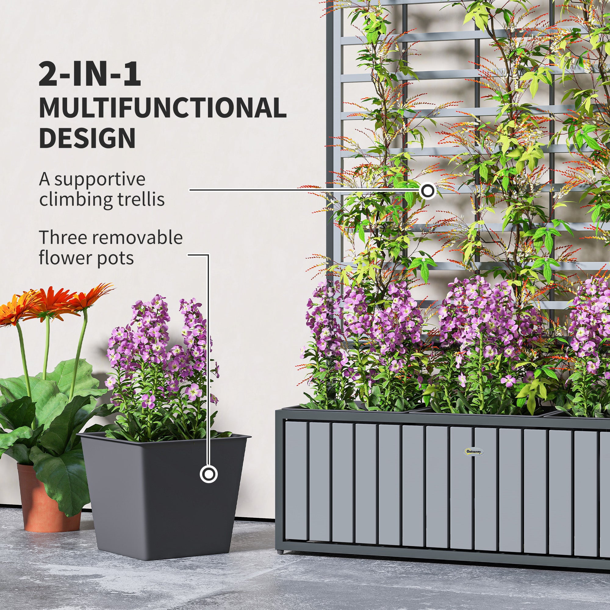 Wooden Raised Garden Bed with Trellis, Removable Pots, for Backyard, Patio, Balcony, 29" x 11" x 52", Gray