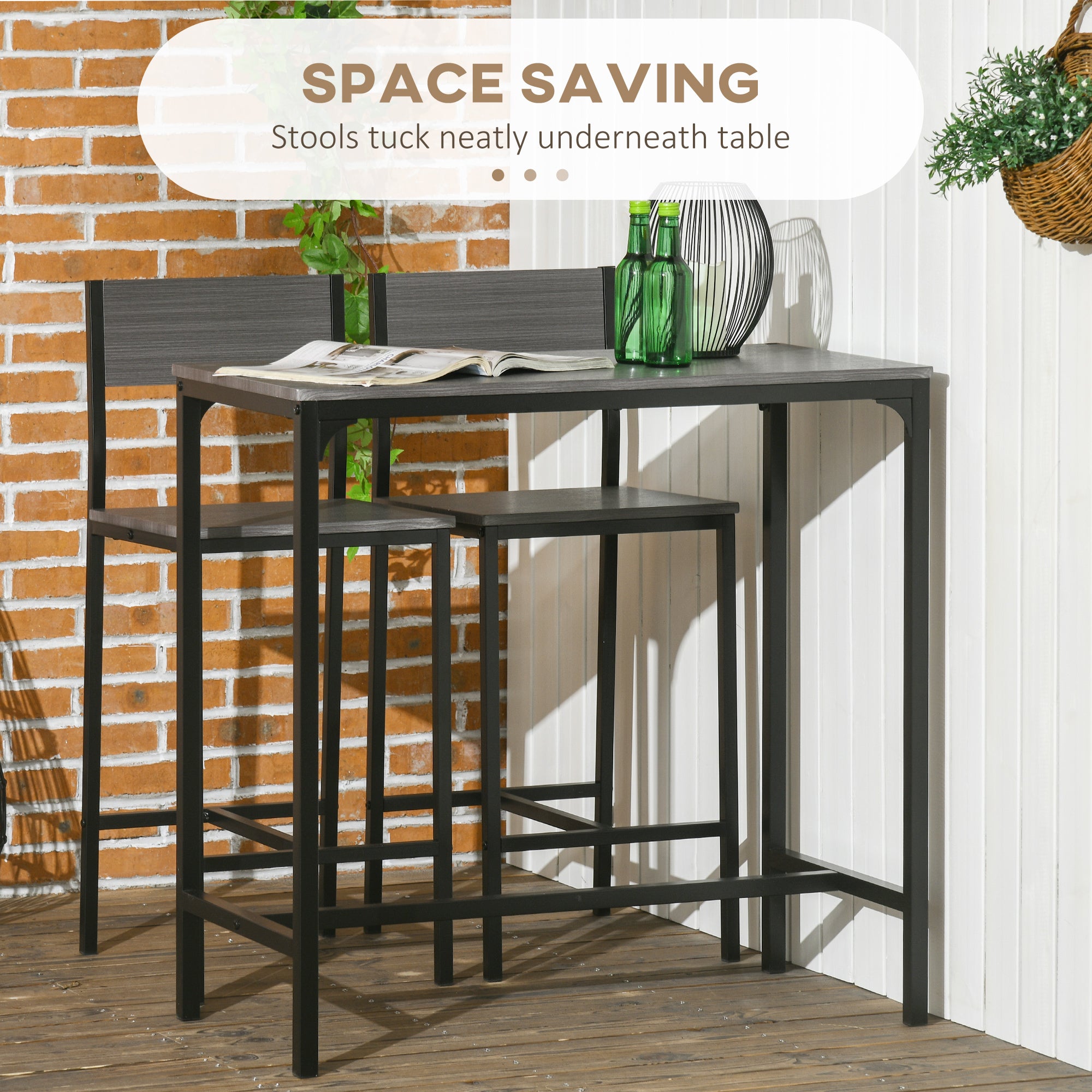 3 Piece Bar Table and Chairs, Industrial Dining Table Set for 2, Counter Height Kitchen Table with Bar stools, Breakfast Table Set for 2 for Small Space, Gray